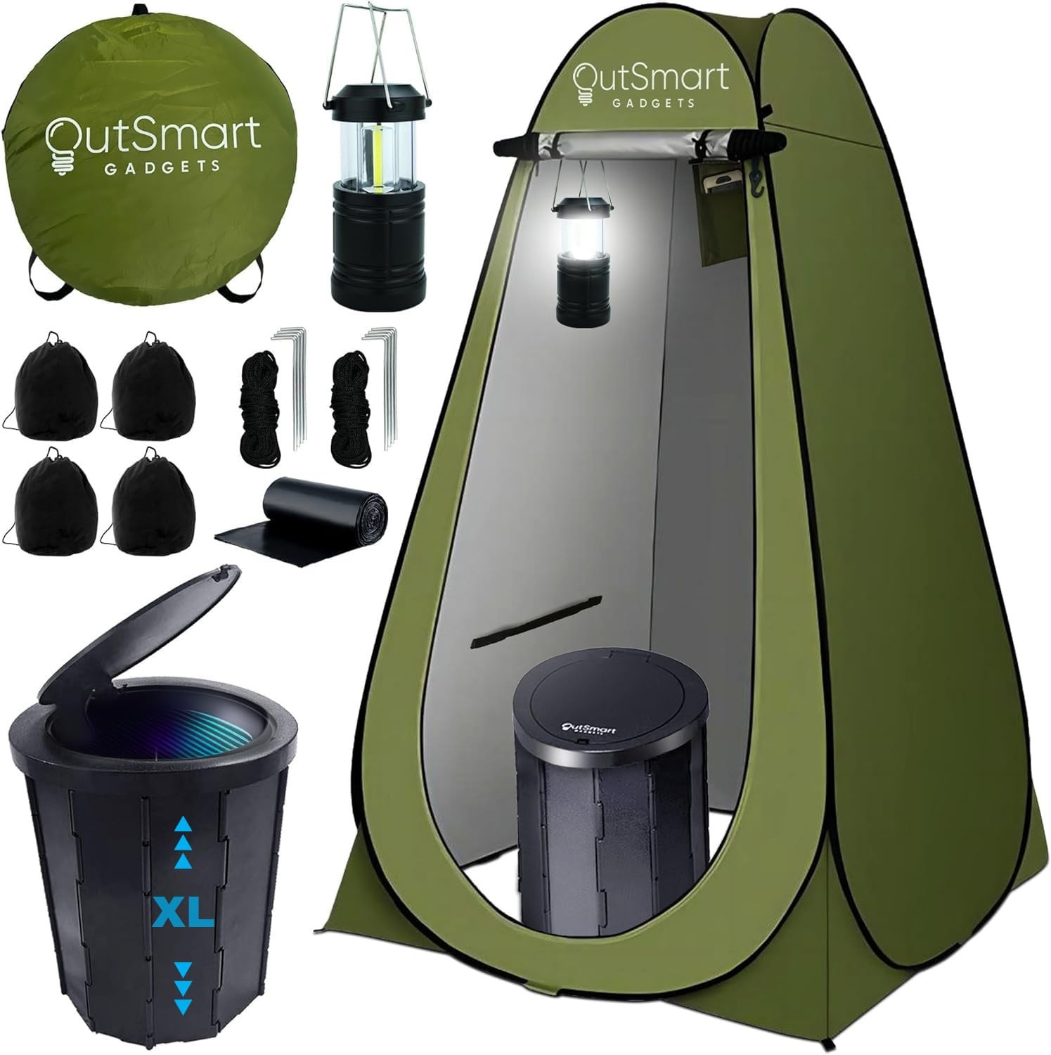Portable Toilet Kit for Camping with XL Seat, Privacy Tent, Lantern & Carry Bags