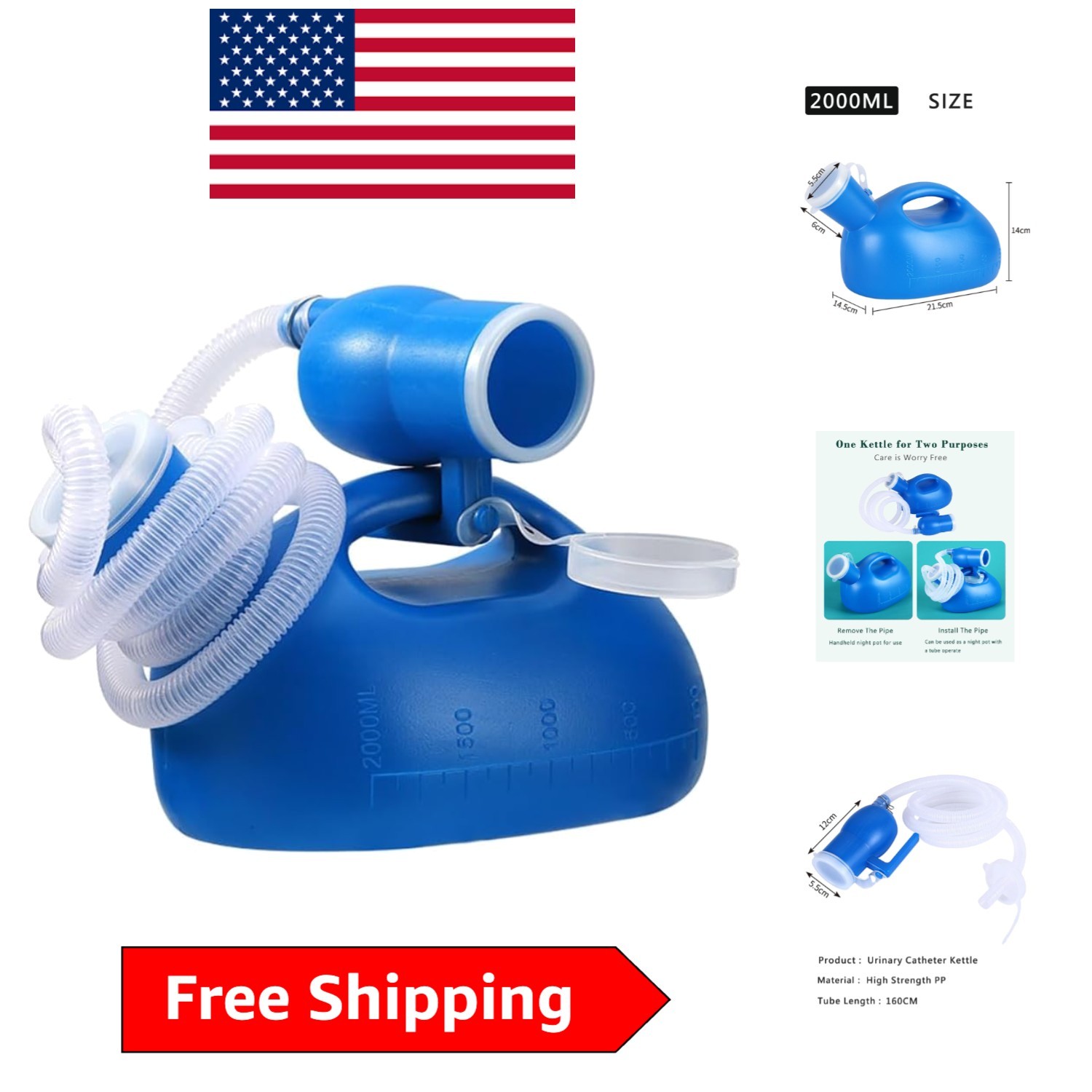 Portable Male Urinal Bottle – 68 OZ with Flexible 59″ Hose & Odor-Proof Cap