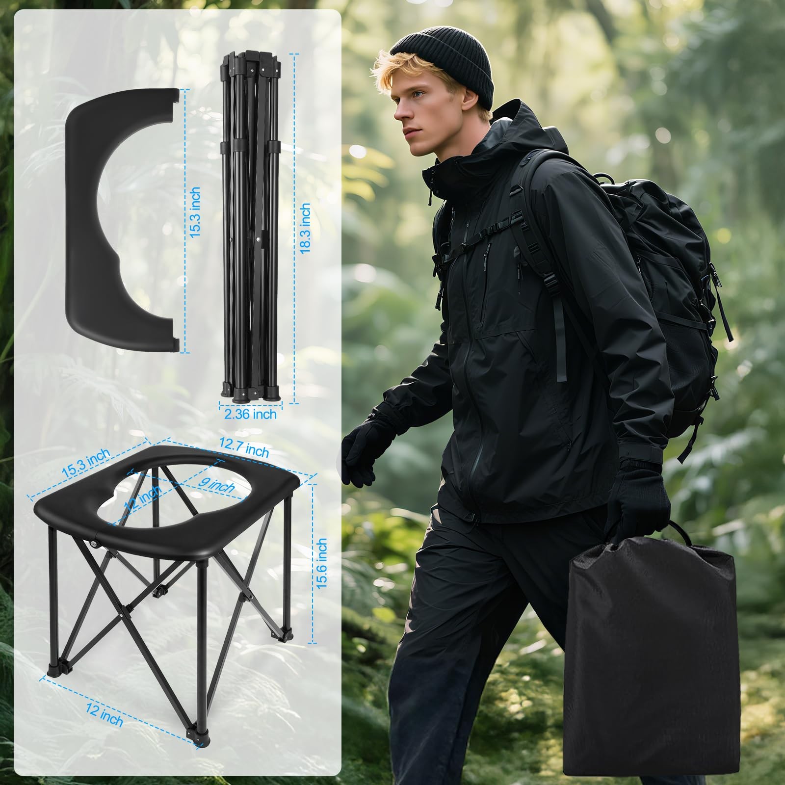 15.6» Portable Toilet for Camping, Ultralight Foldable Camping XL, Black