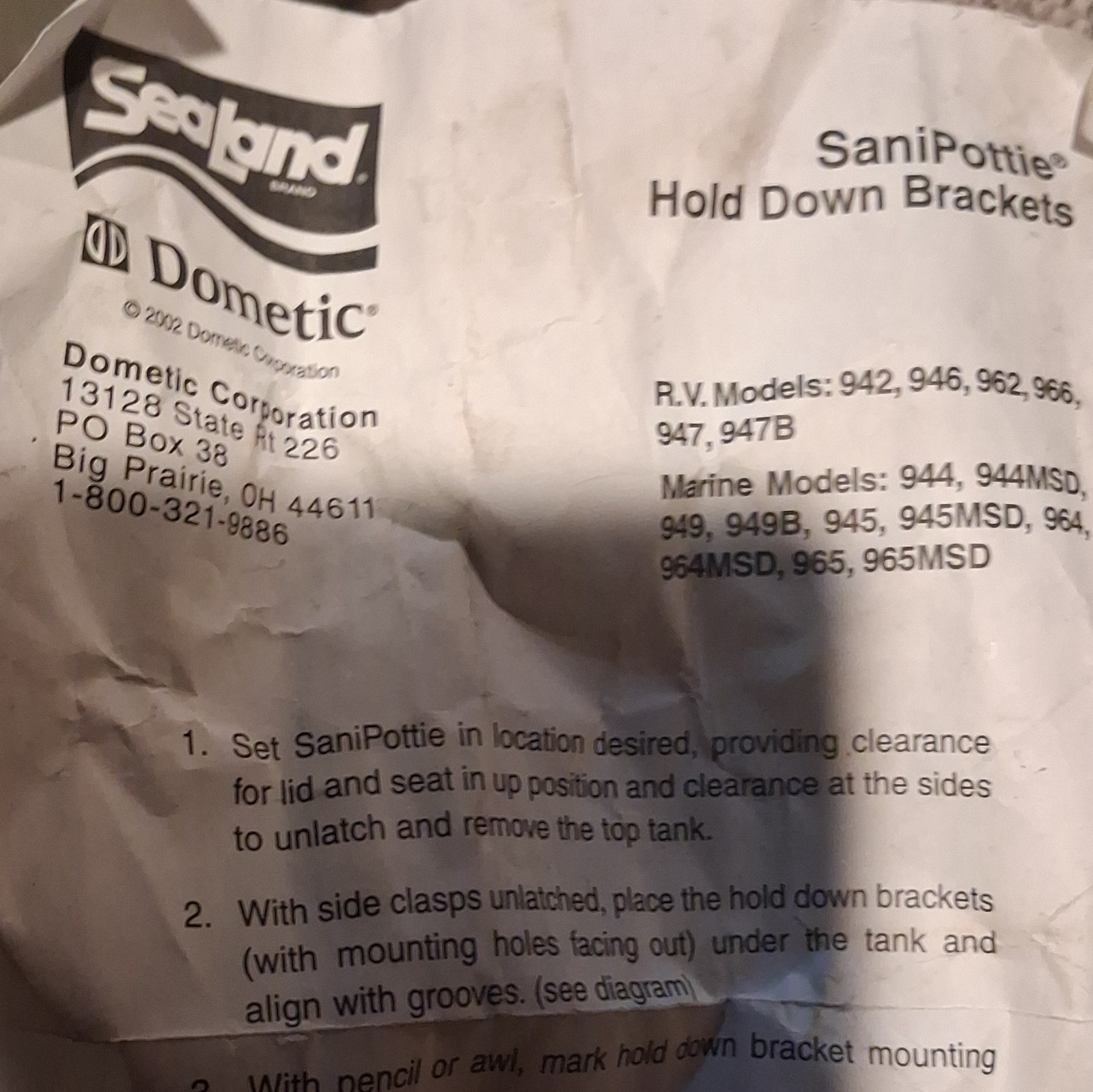 Sealand Dometic SaniPottie Hold Down Brackets