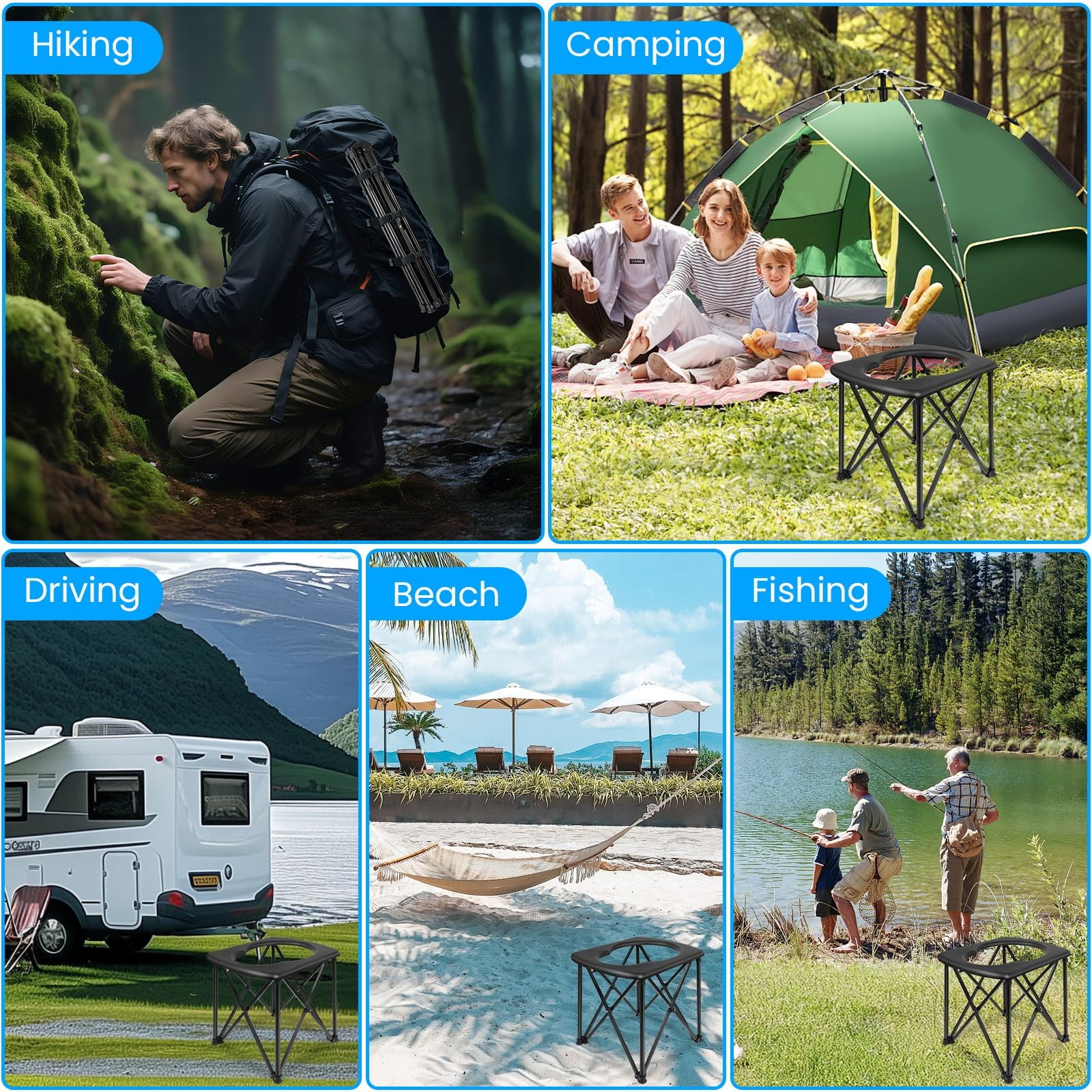 15.6» Portable Toilet for Camping, Ultralight Foldable Camping XL, Black