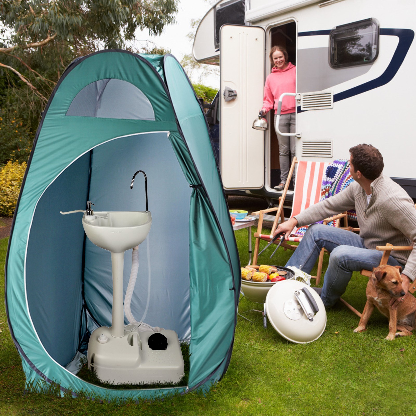 Portable 19L Water Wash Basin Stand Rolling Wheels Camping Hygiene Sanitation
