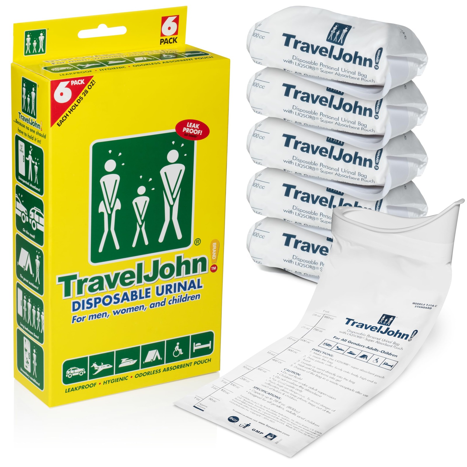 TravelJohn Disposable Urinal Bags 28oz (6 Pack) – 6 disposable bags, White
