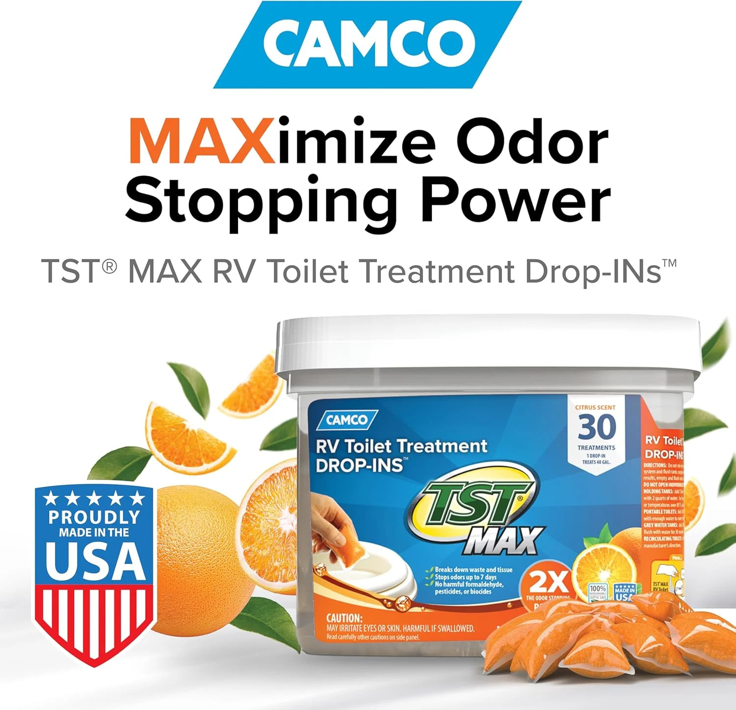 Camco TST MAX RV Toilet Treatment Drop-INs – Orange 30-pk – Made in the USA | Co
