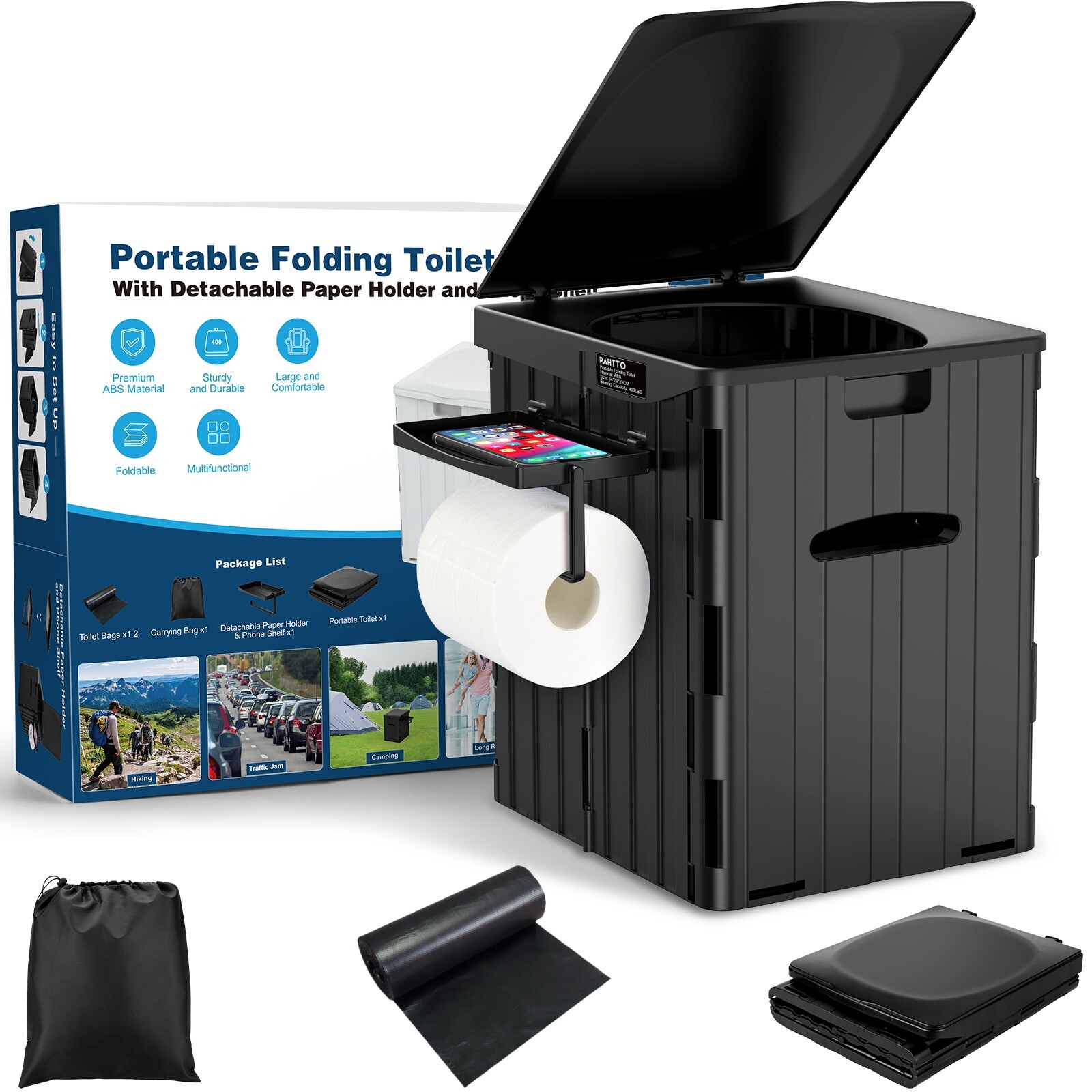 XL Foldable Camping Toilet with Detachable Phone Shelf and Toilet Paper Holder