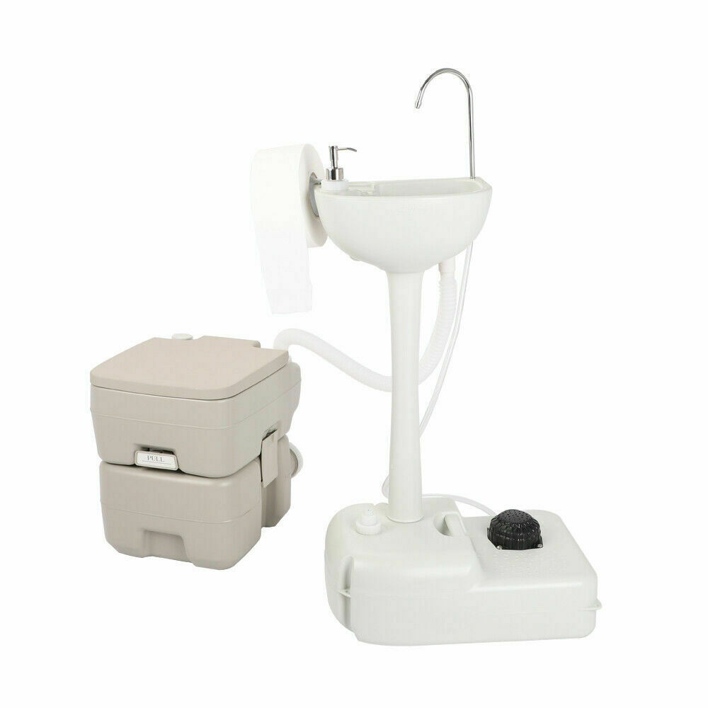 US Portable Outdoor Hand Sink w/ RV Camper Gravity Pedal Flush Toilet 2Tanks Kit