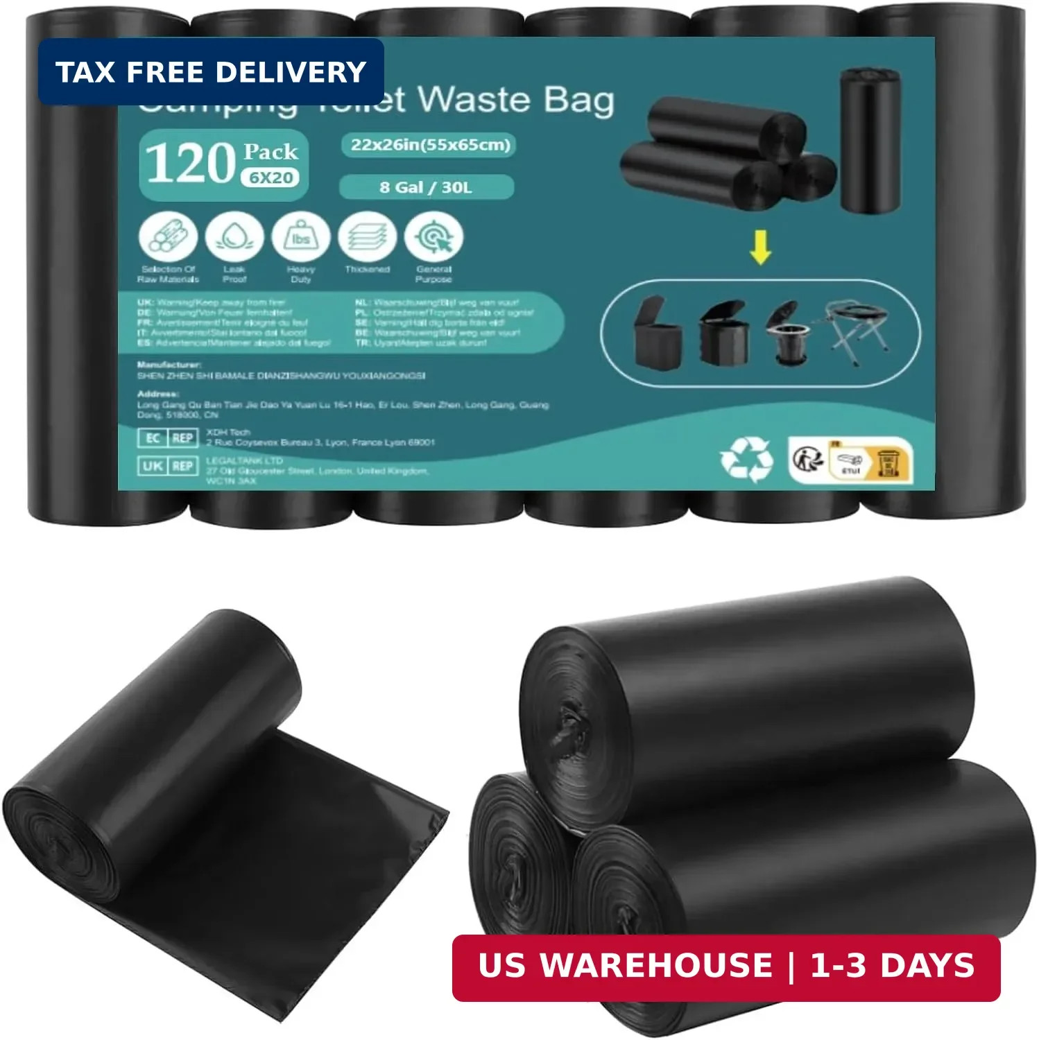 Flintronic Camping Toilet Bags, 120 PCS (6 Roll) Portable Toilet Bags, Thickened