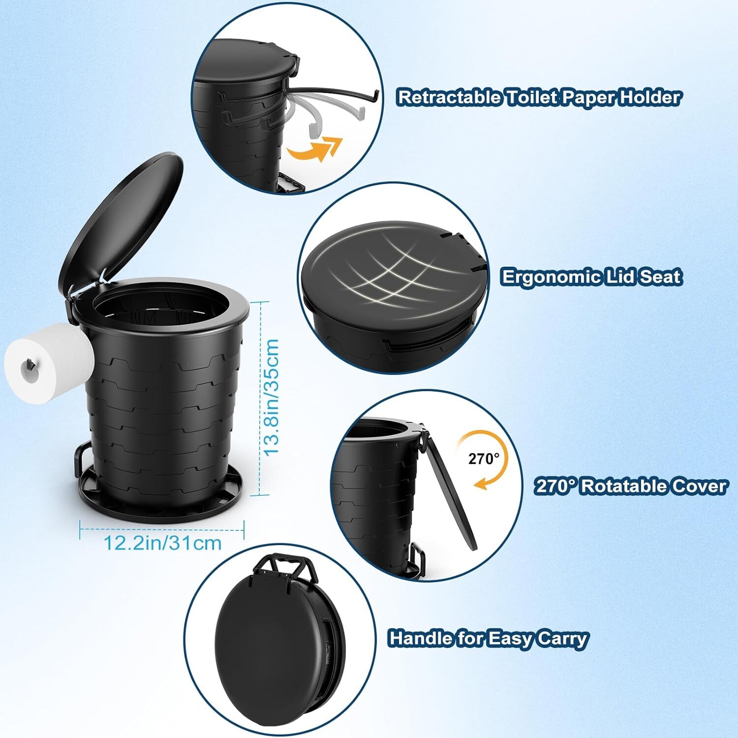 Portable Toilet Retractable Porta Potty for Camping with Paper Holder and Lid