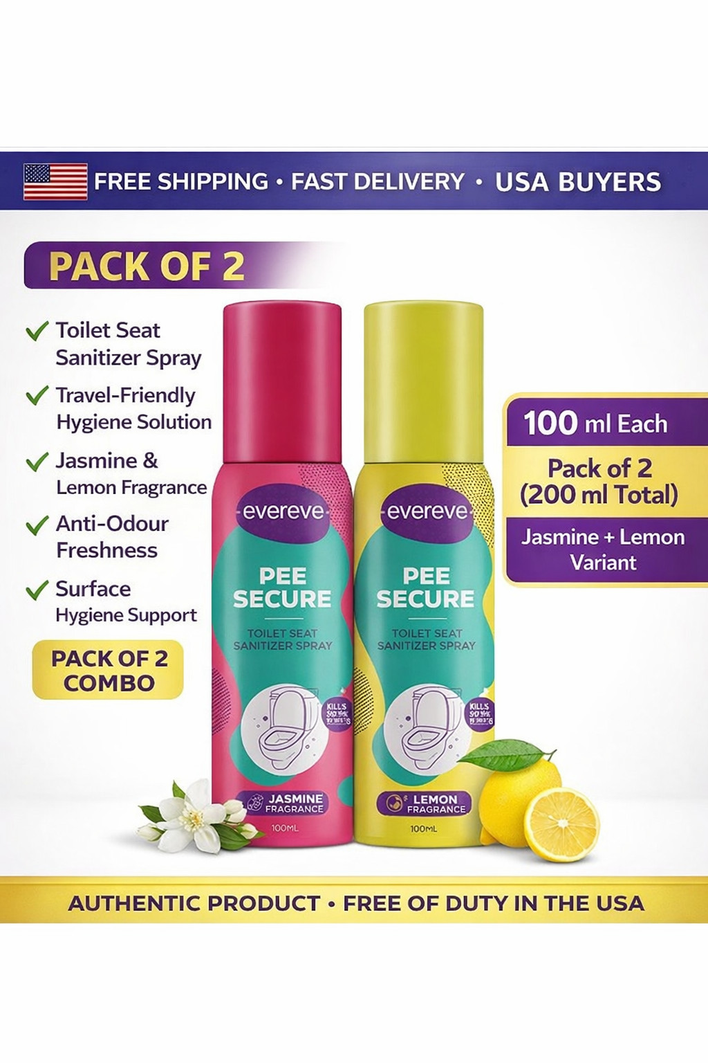 Evereve Pee Secure Toilet Seat Sanitizer Spray Jasmine Lemon Pack of 2 x 100ml