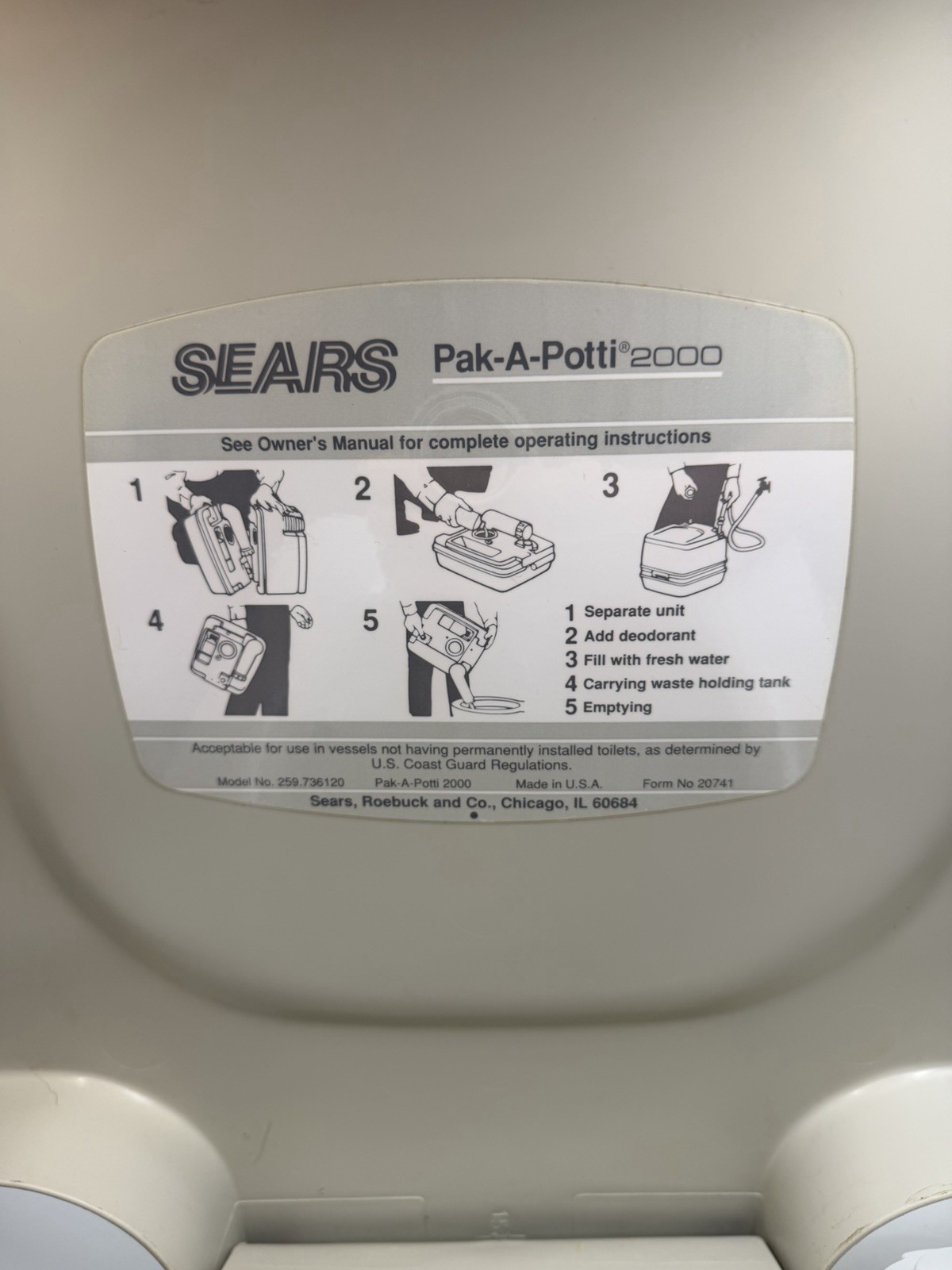 Vintage Sears Pak-A-Potti 2000 Portable Camping RV Boat Toilet Unused USA