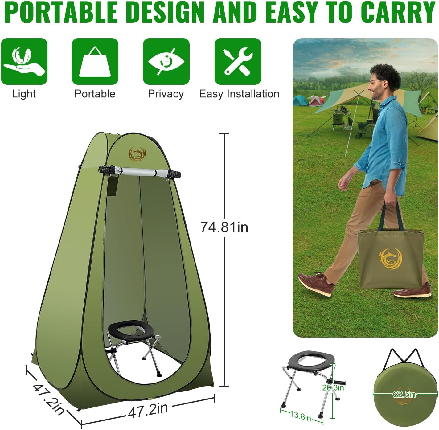 ATCWF Adult Portable Toilet Kit – Steel Toilet, Pop Tent, Carry Bag