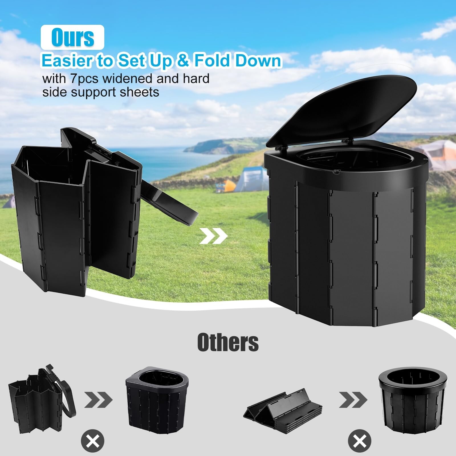 Portable Folding Camping Toilet with Lid and Retractable Toilet Paper Holder