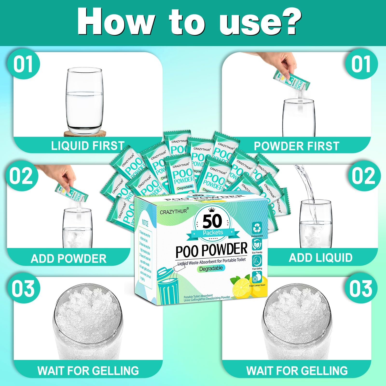 Portable Toilet Gel, 50 Packets Camp Toilet Portable Gel, Poo Powder with Lemon