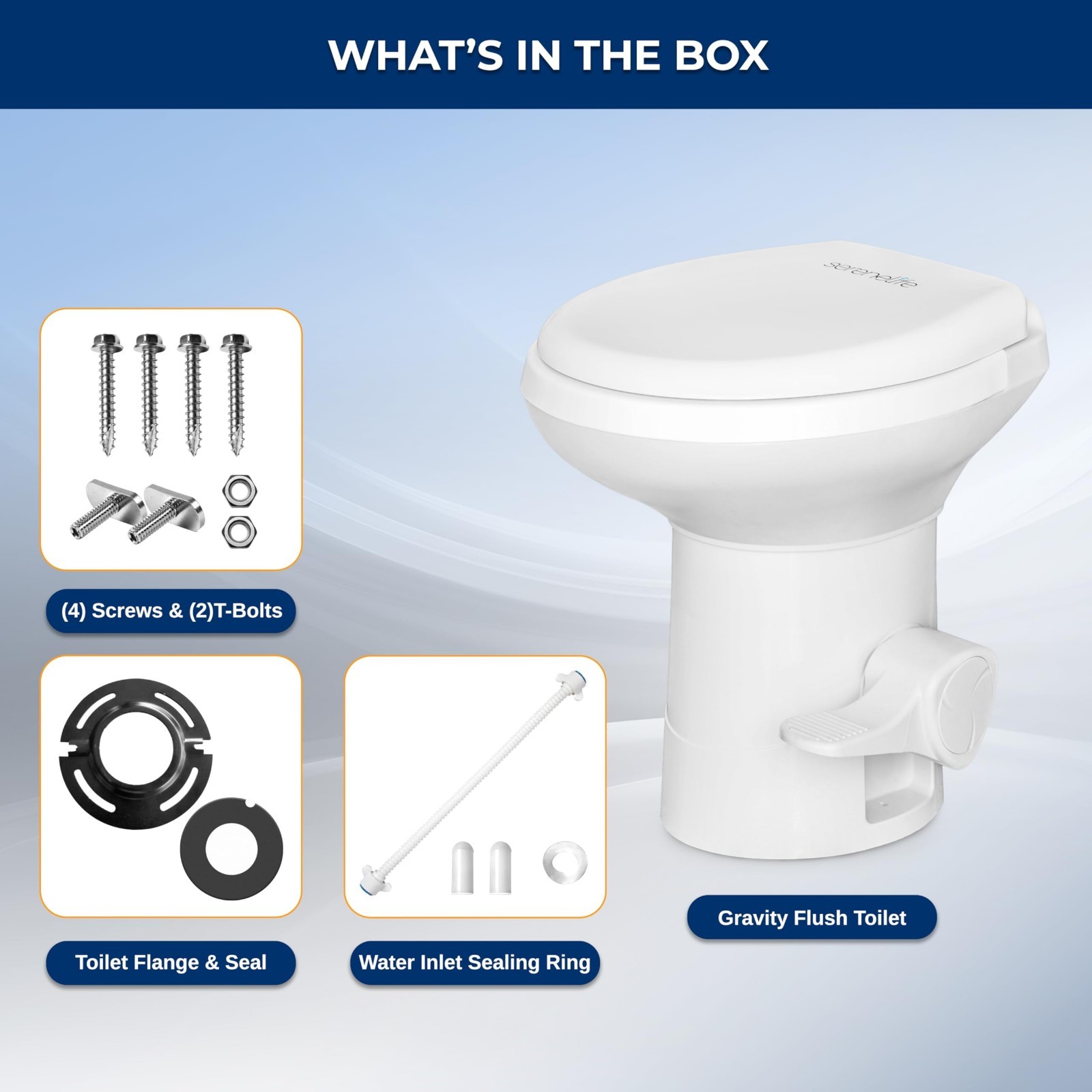 RV Gravity Flush Toilet with Foot Pedal & Hand Sprayer – Odor-Resistant, Full-Bo