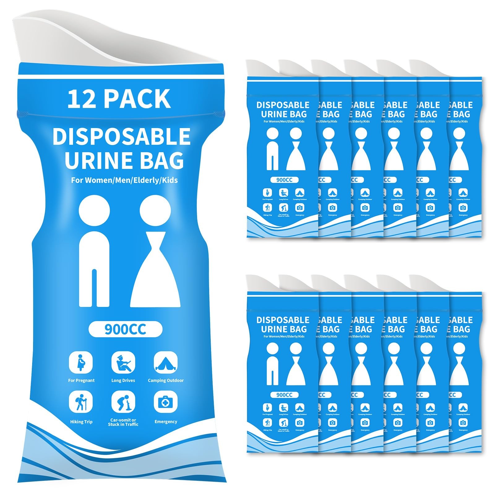 Disposable Urine Bags 12 Pcs, 900ML Pee for Travel 12 Pack, Blue