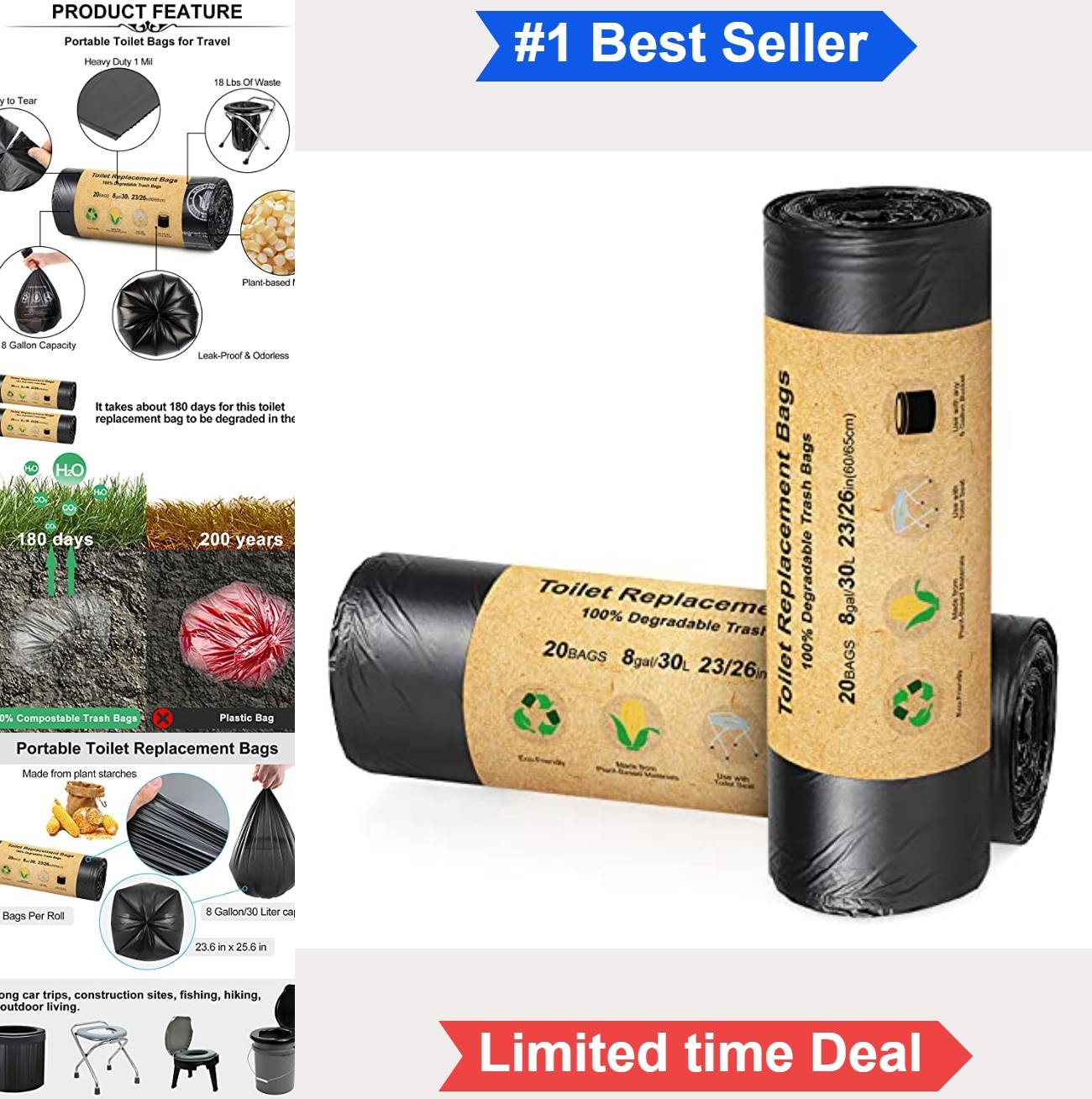 Toilet Replacement Bags 8 Gallon 30 Liter Heavy Duty 1 Mil 40 Count Camping For