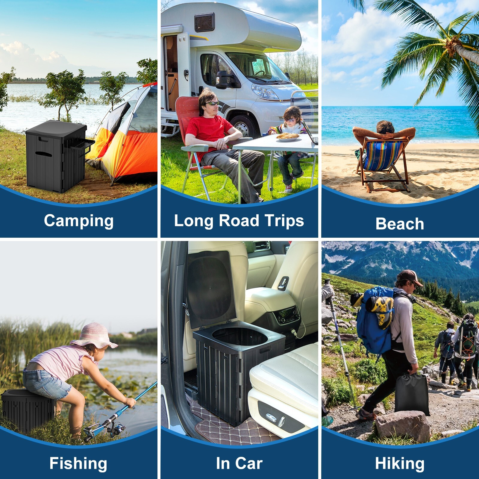 XL Foldable Camping Toilet with Detachable Phone Shelf and Toilet Paper Holder
