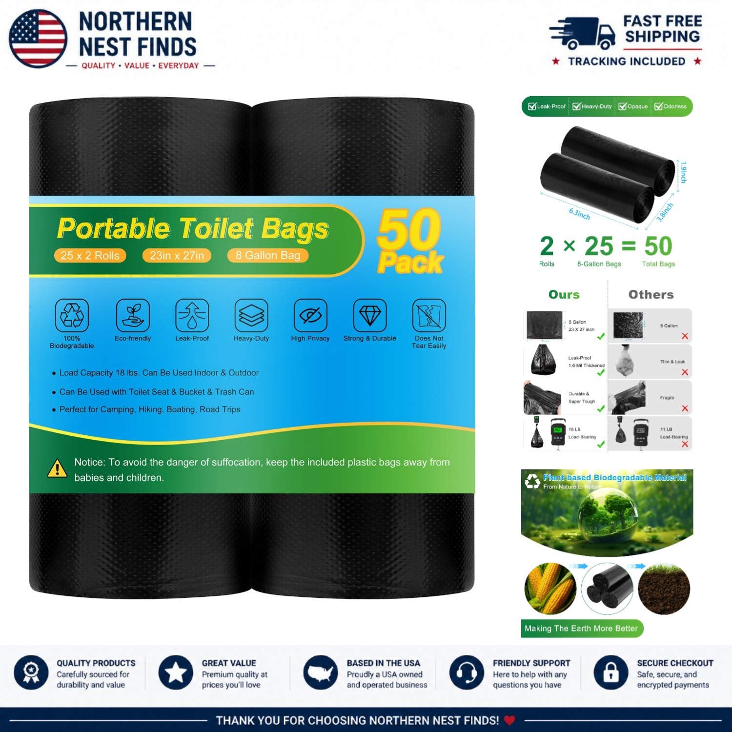 Eco-Friendly 8 Gallon Camping Toilet Bags – 50 Pack Heavy Duty, Versatile Use