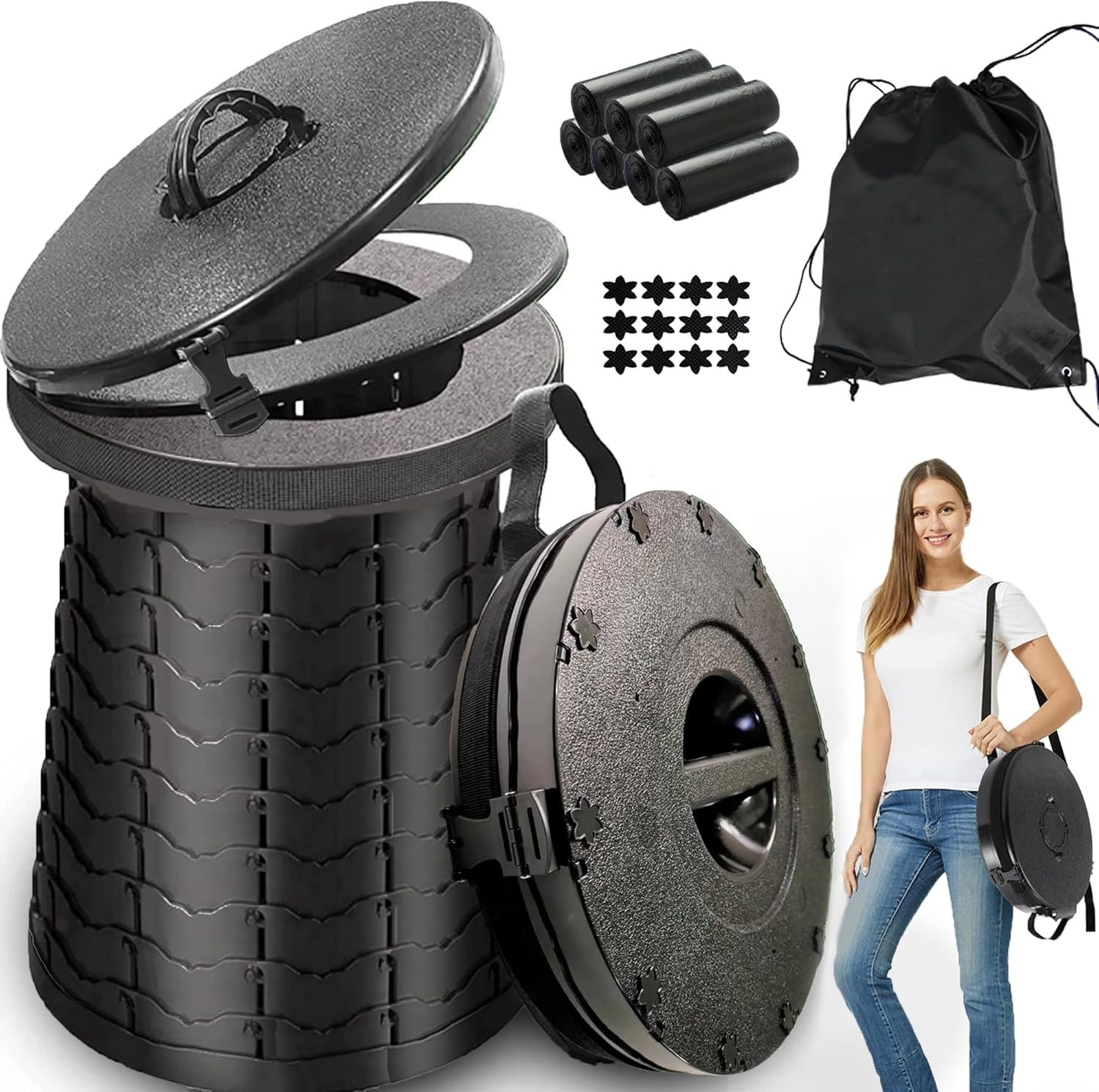 XXL Portable Toilet for Camping – 19.7″ Adjustable, 880Lbs Capacity, Foldable
