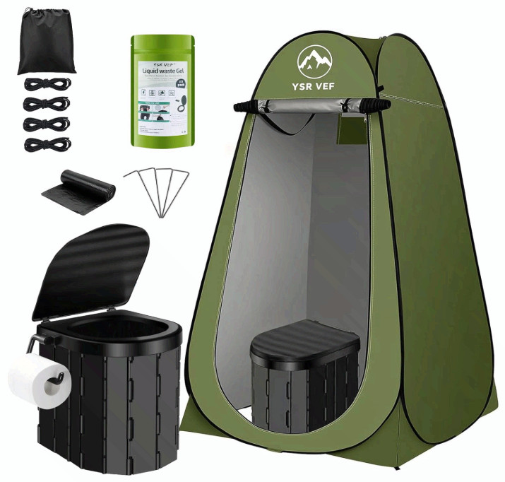 Portable Camping Toilet Kit with Privacy Tent, Poo Gel Bags & Shower Tent