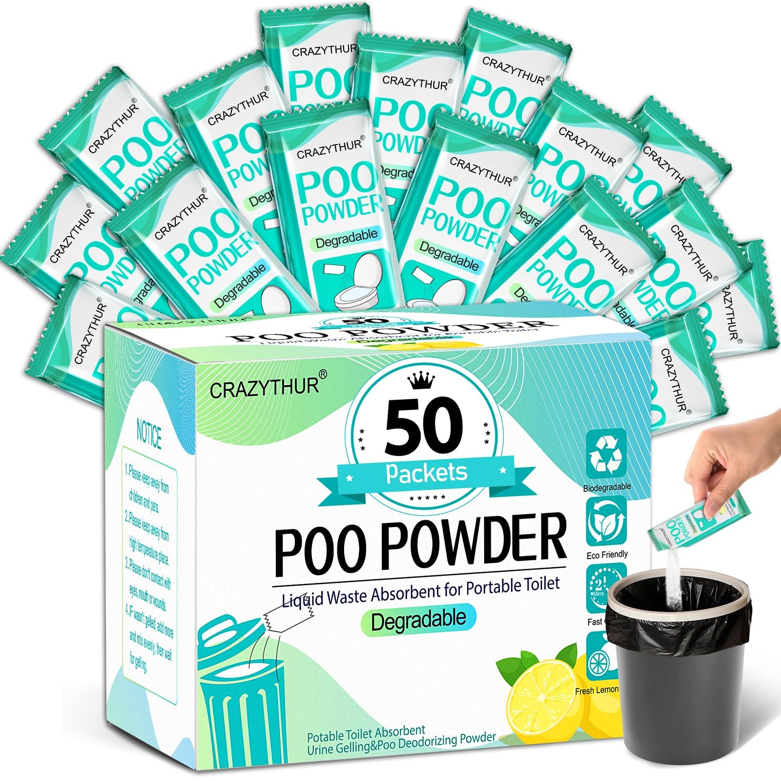 Poo Powder for Portable Toilet Gel 0.35 Ounce (Pack of 50), 50Pcs-Lemon