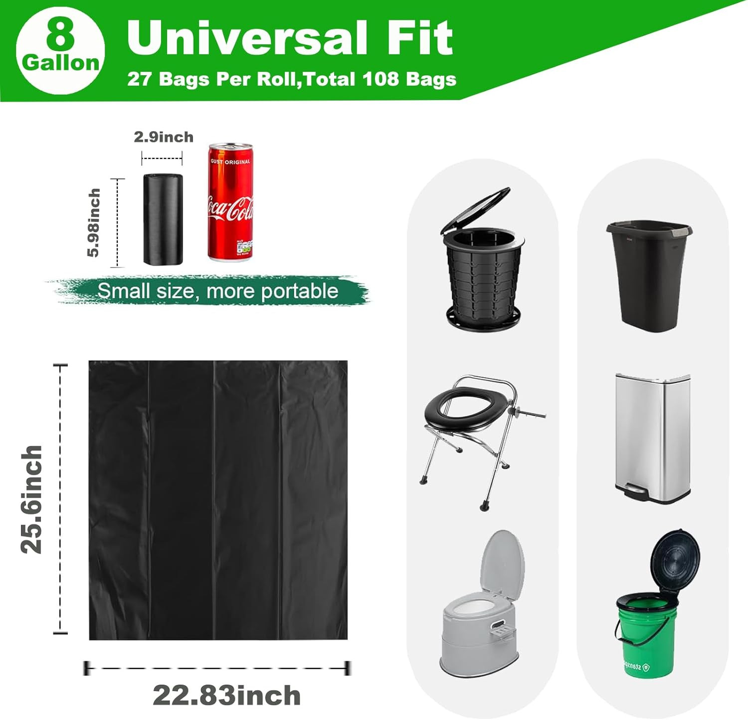 108 Portable Toilet Bags, 8 Gallon Biodegradable Camping Toilet Bags for Portab