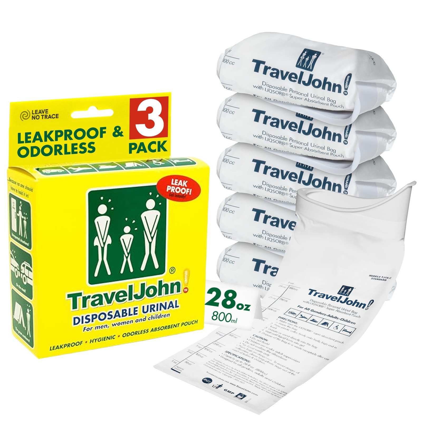 TravelJohn Disposable Urinal Bags Leakproof Portable 3 Pack