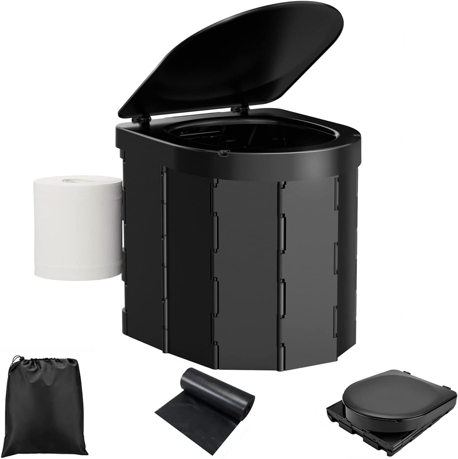 Portable Toilet with Lid, Retractable TP Holder, Carry Bag and Disposible Liner