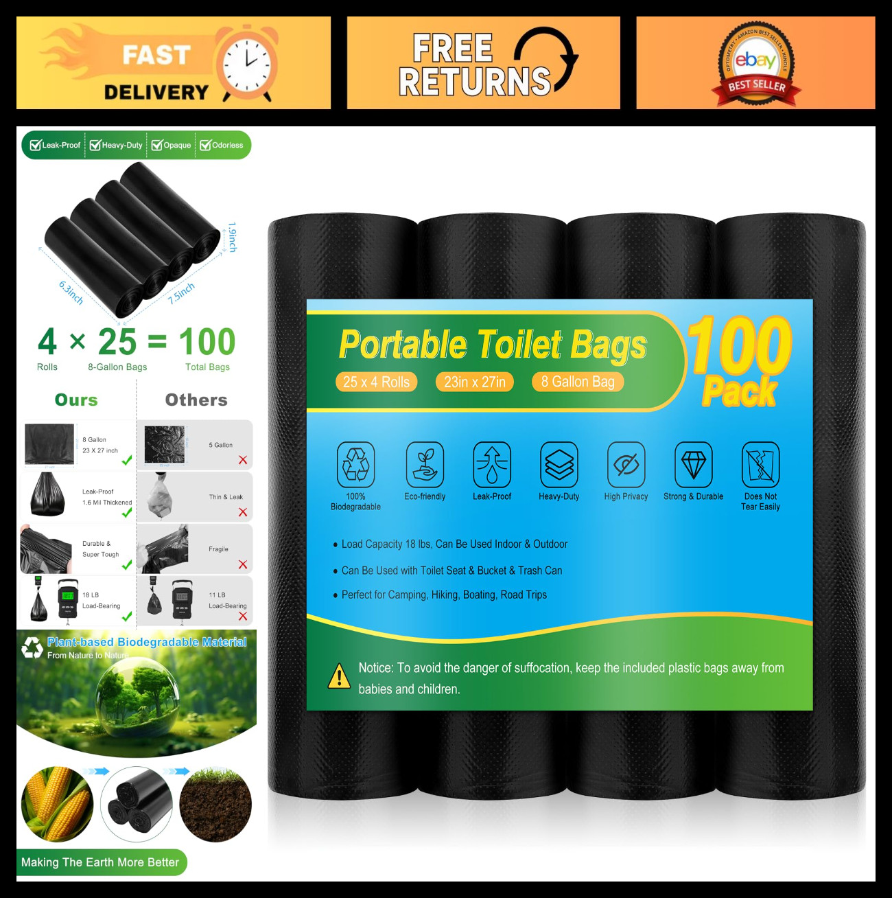 Biodegradable Portable Toilet Bags – 8 Gallon Camping Waste Bags for Travel & Ou