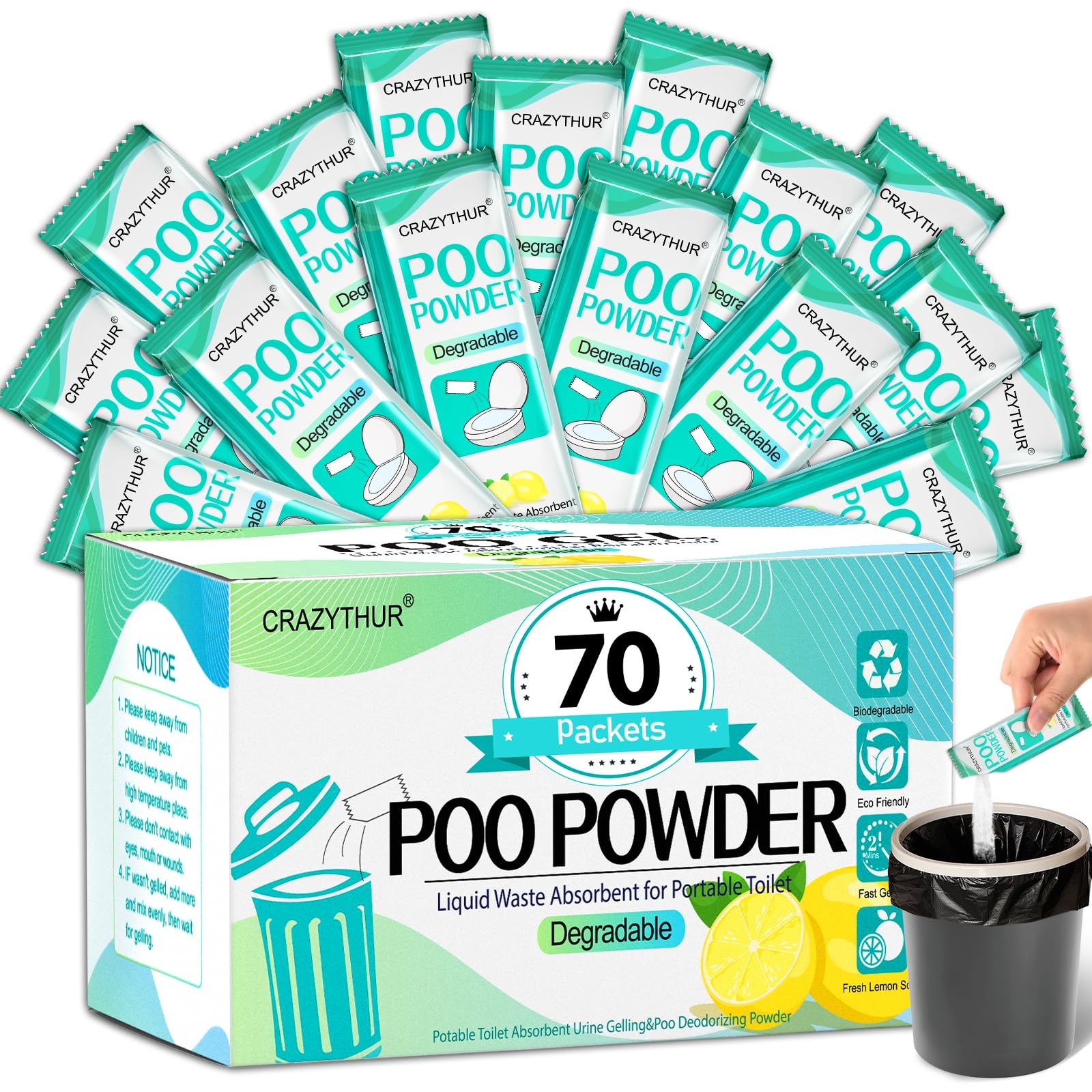 Portable Toilet Gel, 70 Packets Camp Toilet Poo Gel, Lemon Scent, Eco for Out…
