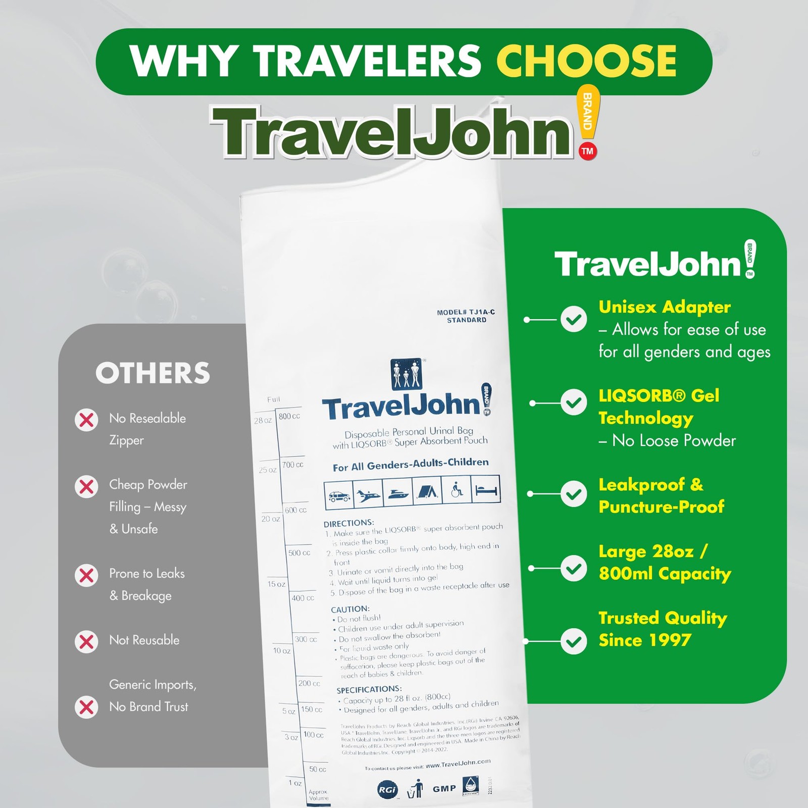 TravelJohn Disposable Urinal Bags Leakproof Portable 3 Pack