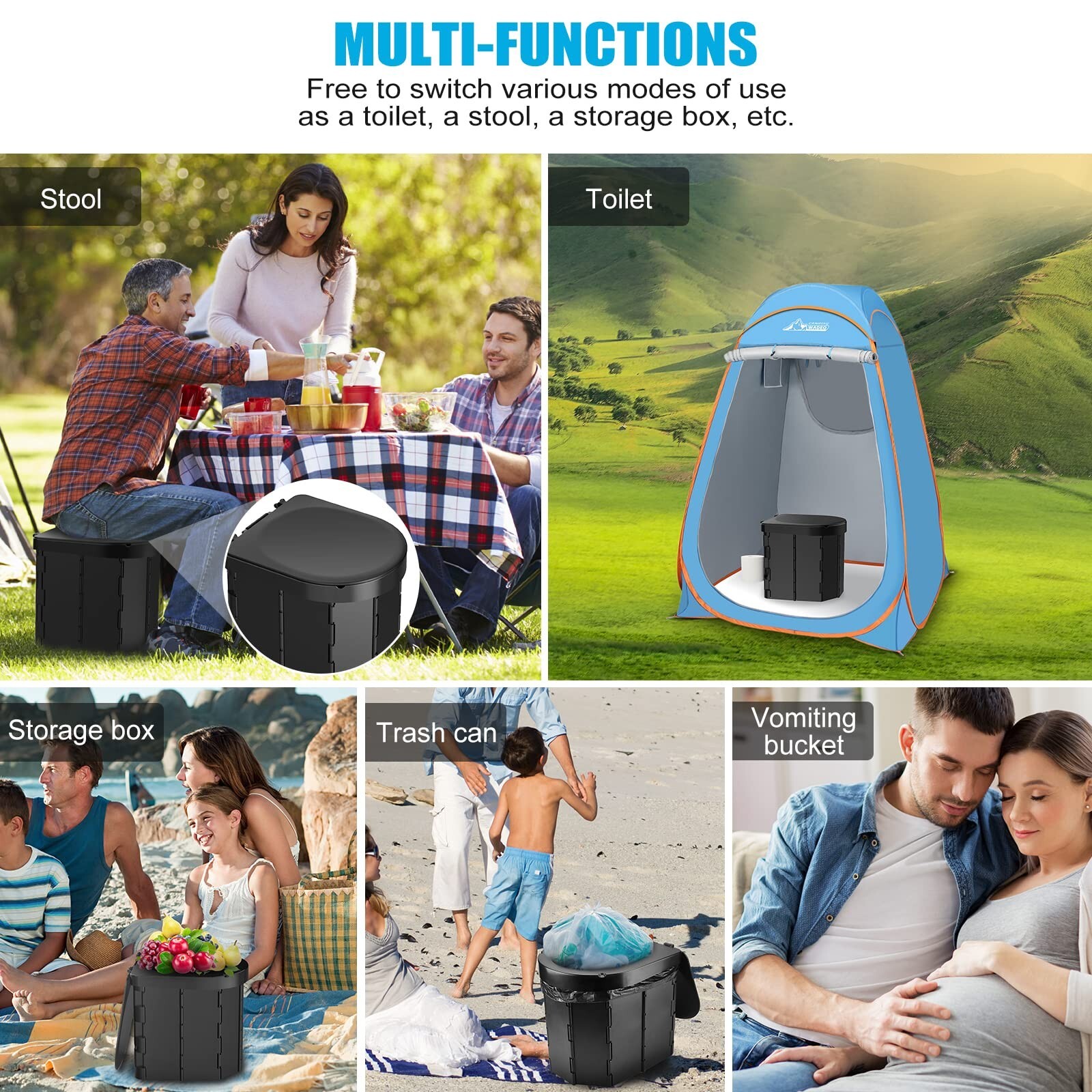 Portable Folding Camping Toilet with Lid and Retractable Toilet Paper Holder