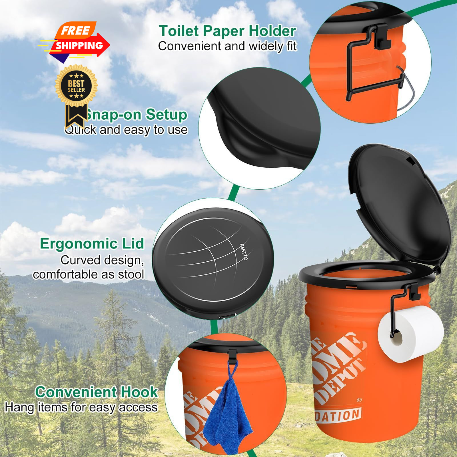 Portable Toilet Seat for 5 Gal Buckets, Camping with Lid Black