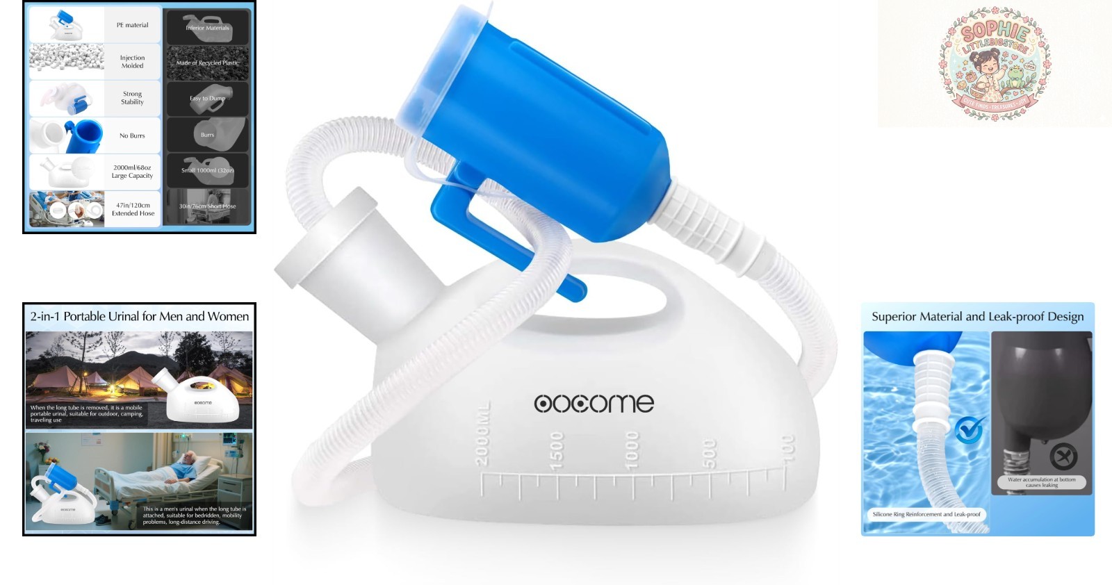Portable Male Urinal Bottle – 2000ml Spill Proof Pee Solution with 47.2″ Tube