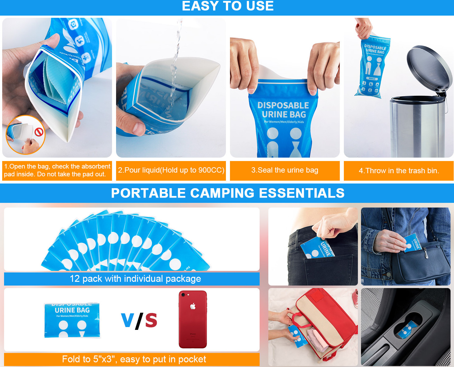 Disposable Urine Bags 12 Pcs, 900ML Pee Bags for Travel for Women and Men, Emerg