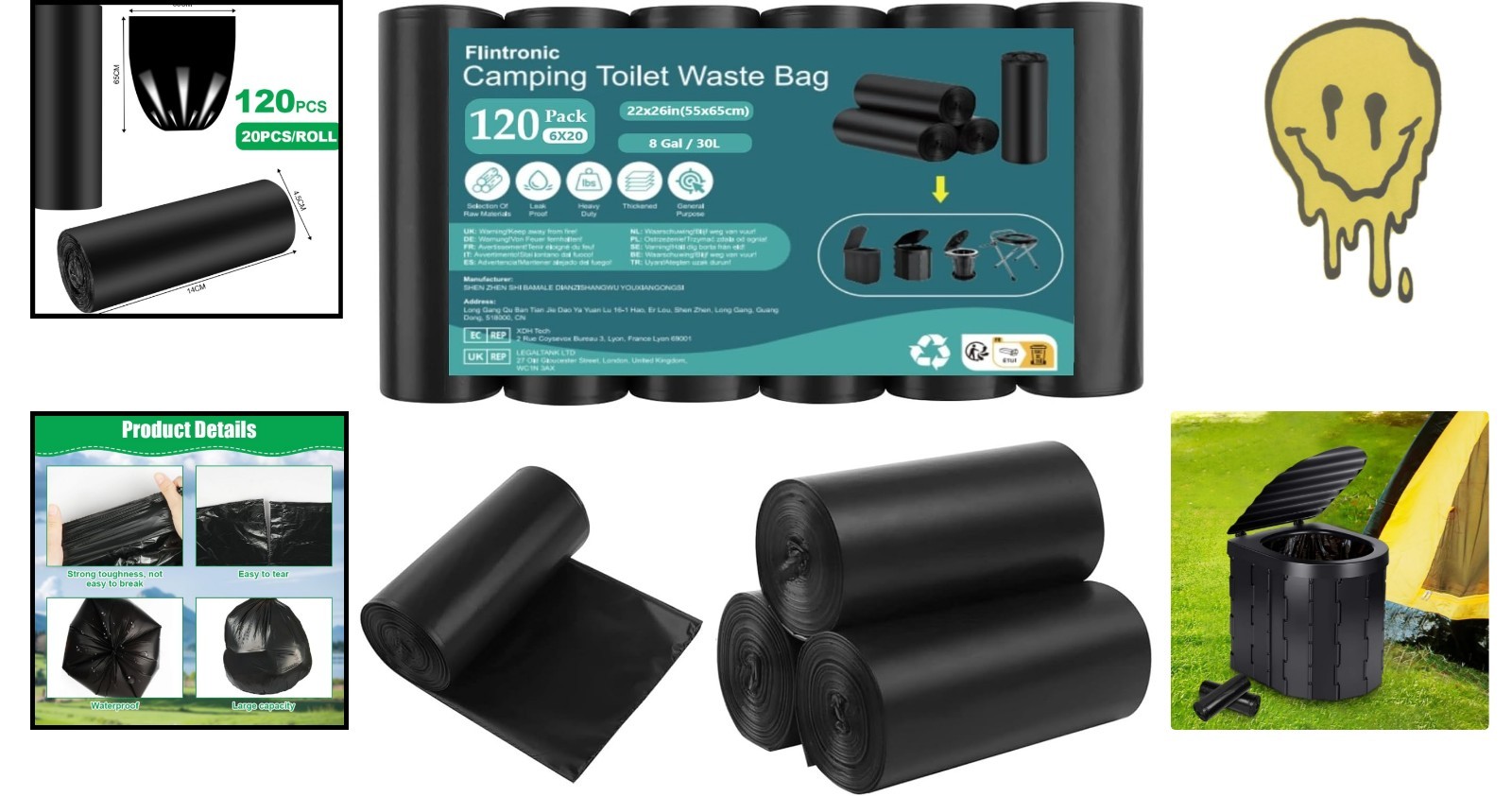 120 Pack Camping Toilet Bags 30L Heavy Duty Portable Waste Liners Black
