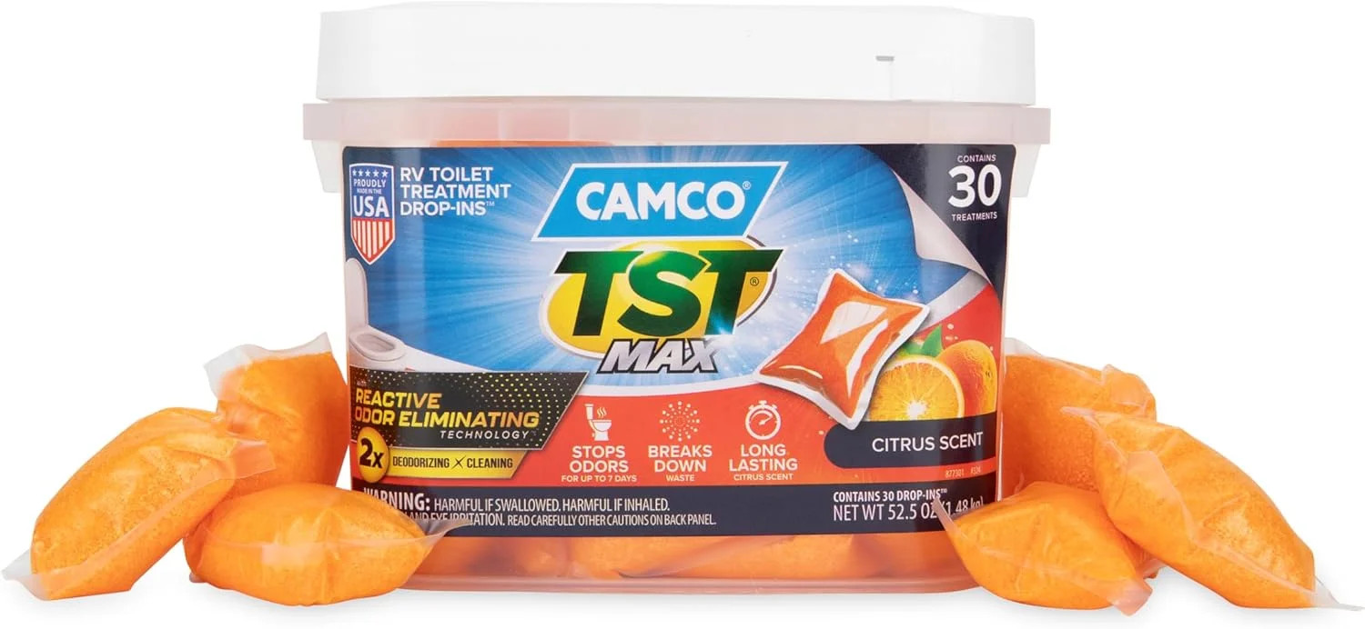 Camco TST MAX RV Toilet Treatment Drop-INs – Orange 30-pk – Made in the USA | Co