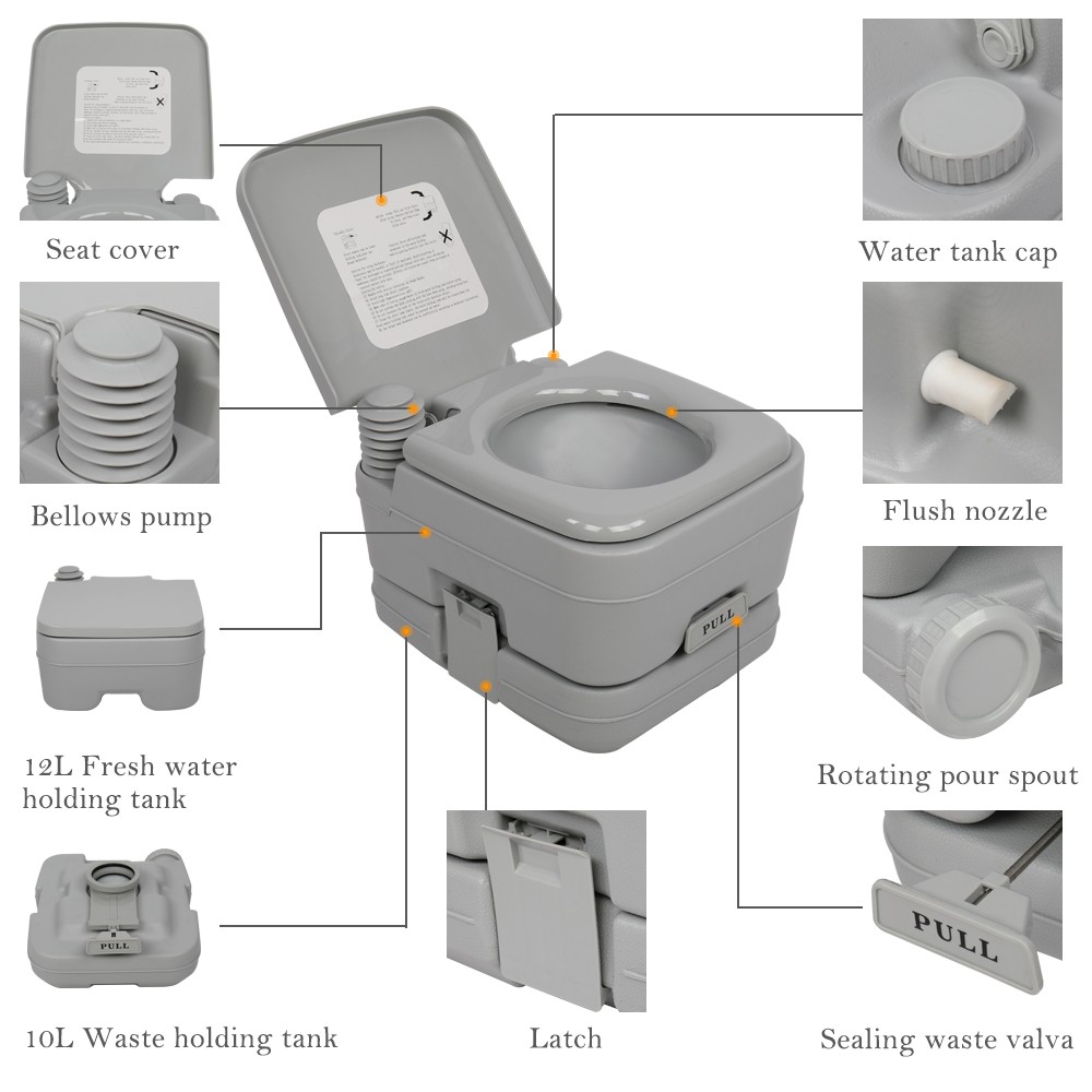 Portable Toilet 2.8 Gallon 10L Flush Outdoor Camping Toilet Potty Travel Car SUV