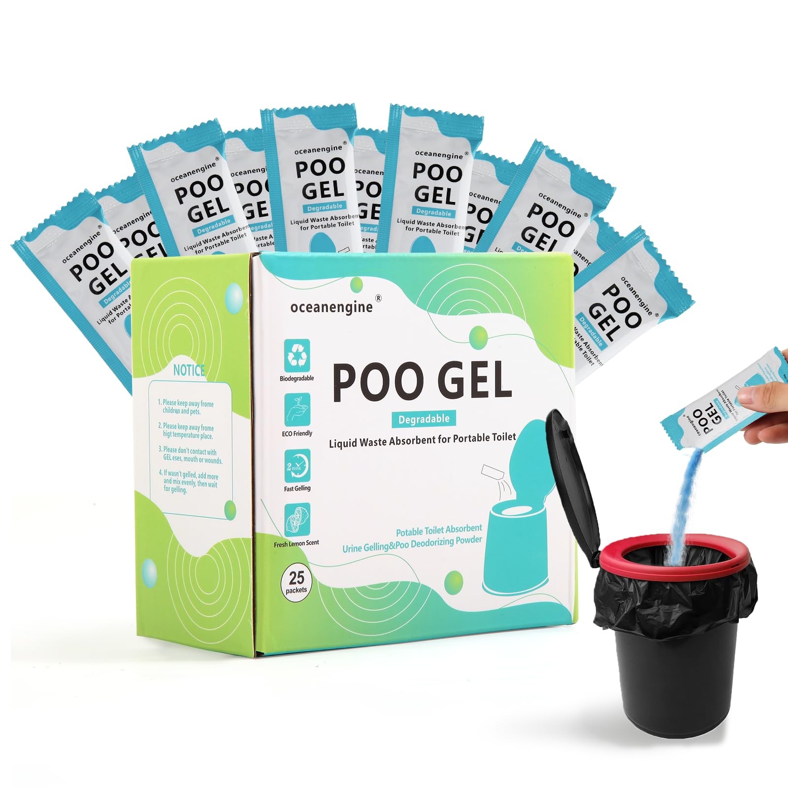 oceanengine Portable Toilet Absorbent Gel, 11*4*1 CM, 25 Packets