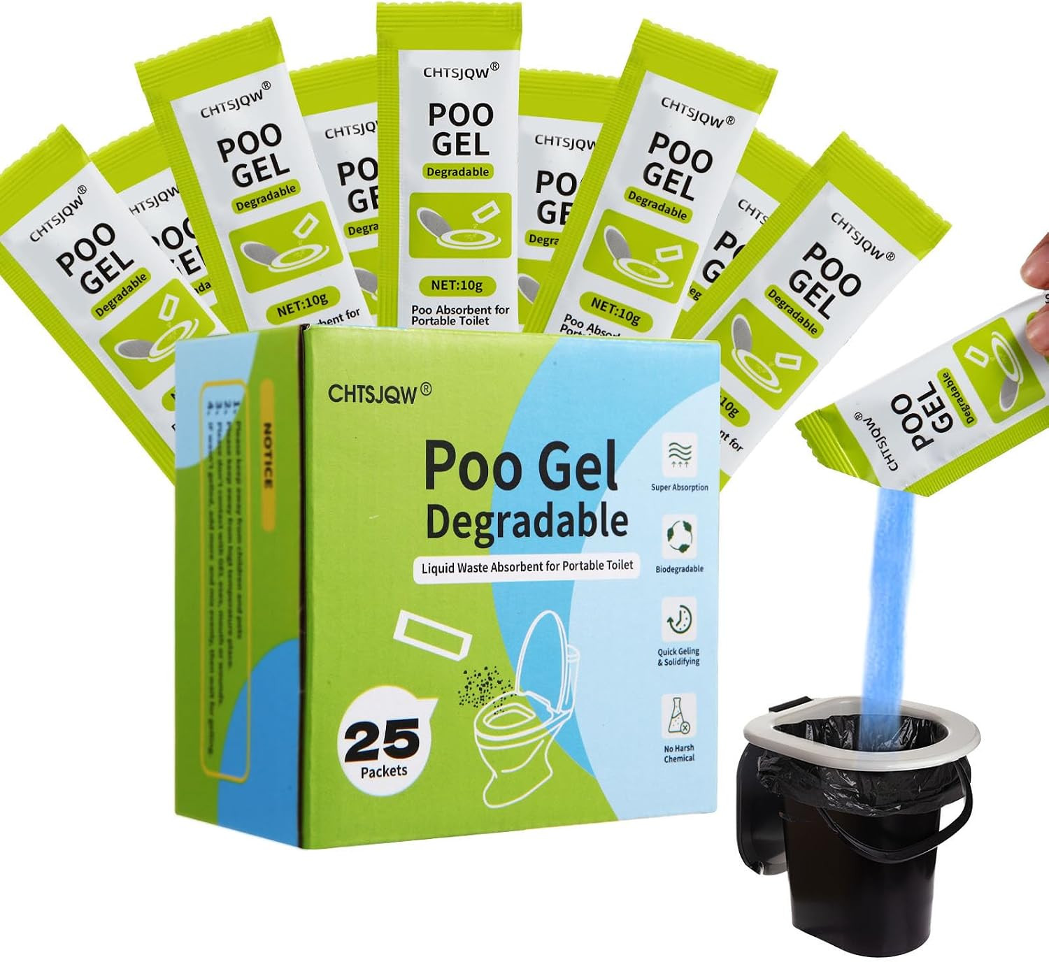 Portable Toilet Powder, Eco Absorbent Gel Liquid Waste Gelling and Deodorizing,
