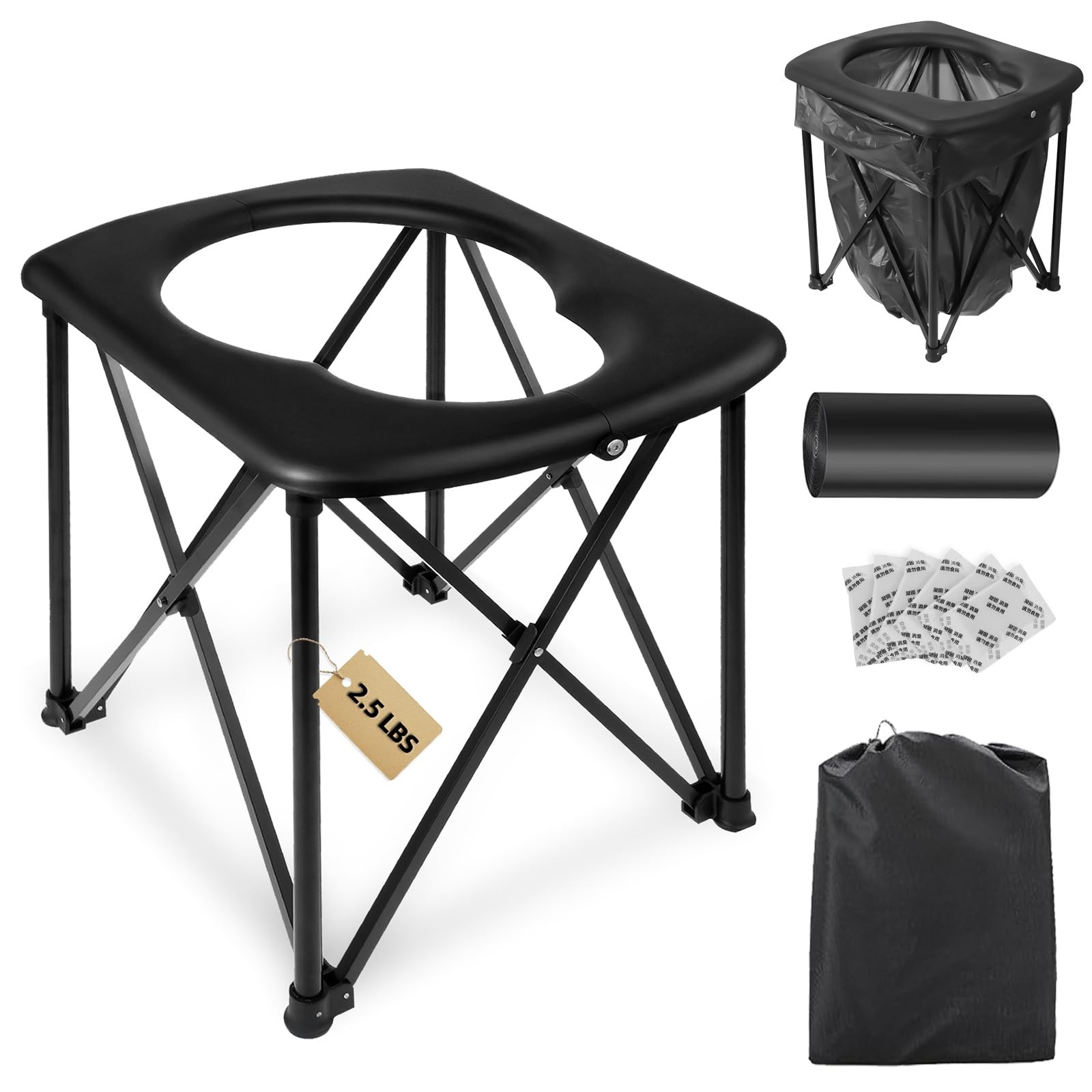 15.6» Portable Toilet for Camping, Ultralight Foldable Camping XL, Black