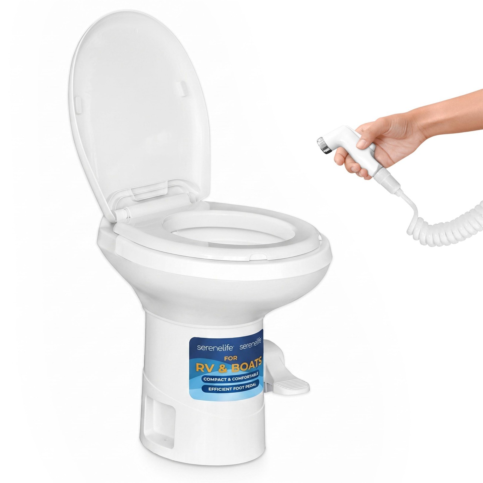 RV Gravity Flush Toilet with Foot Pedal & Hand Sprayer – Odor-Resistant, Full-Bo