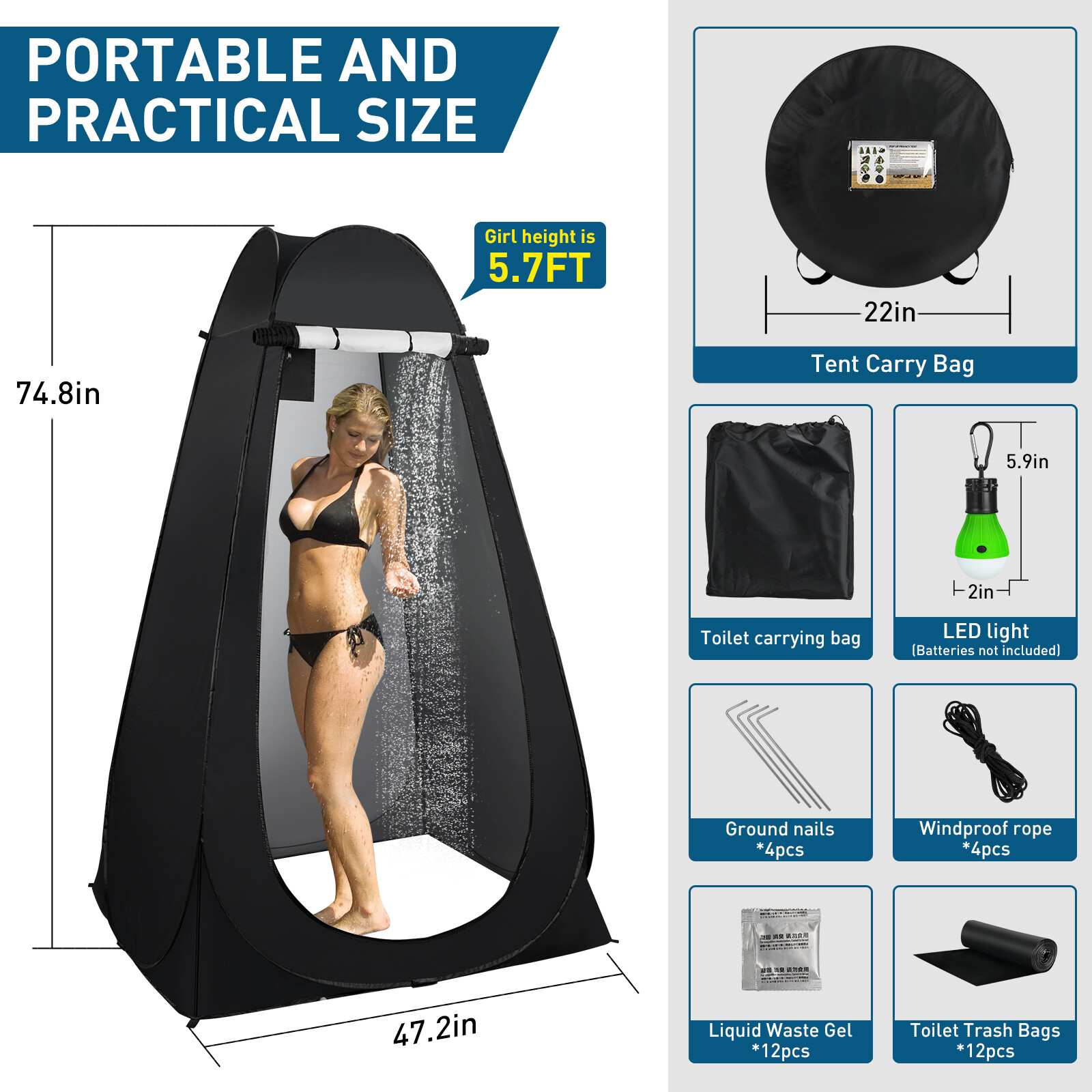 74.8in Portable Toilet with Pop Up Privacy Tent Large Portable Toilet for Adults