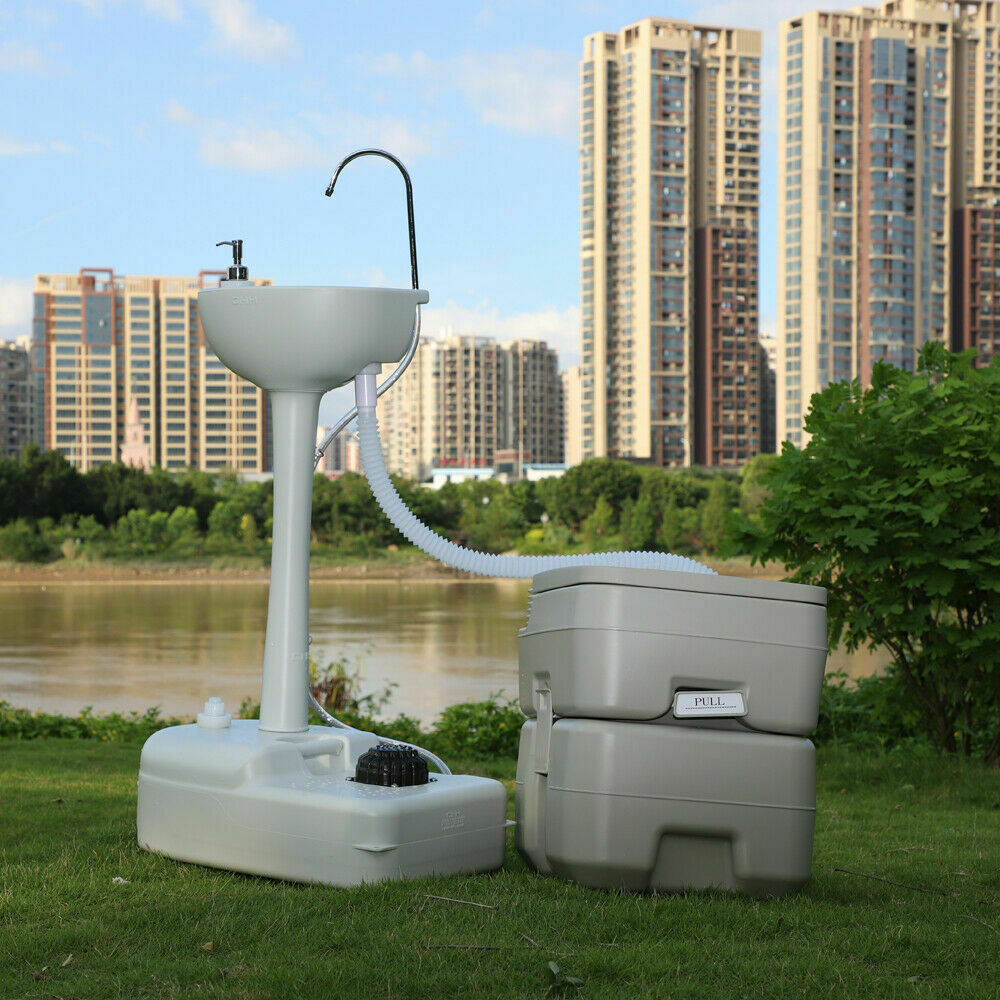 US Portable Outdoor Hand Sink w/ RV Camper Gravity Pedal Flush Toilet 2Tanks Kit