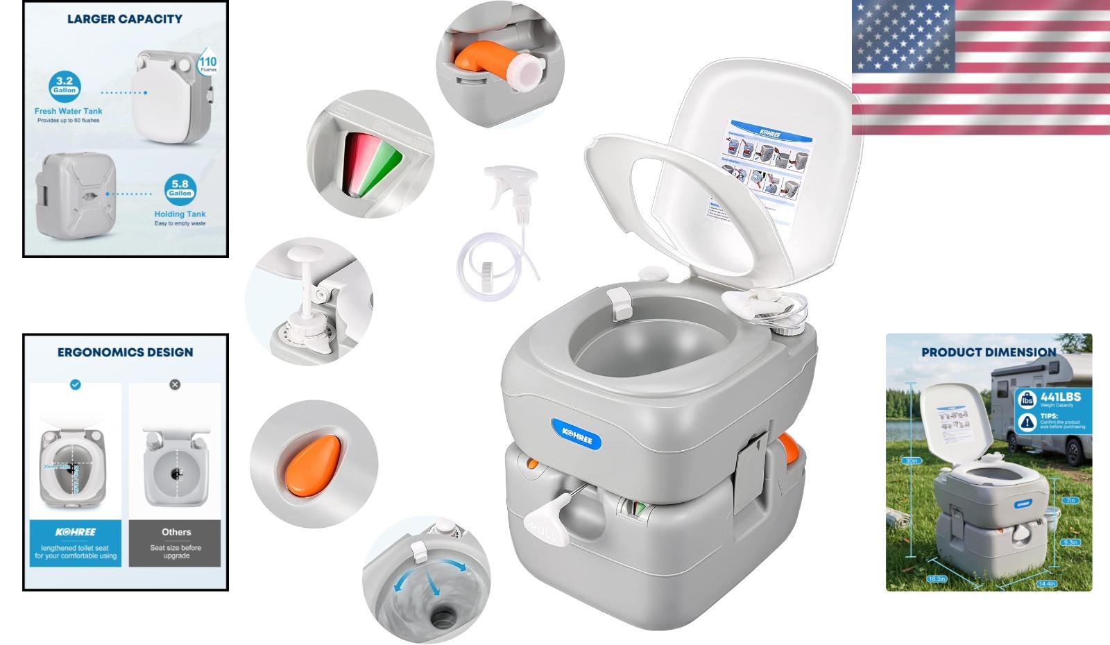 Portable Toilet for RV Travel 5.8 Gallon High Density Polyethylene Construction