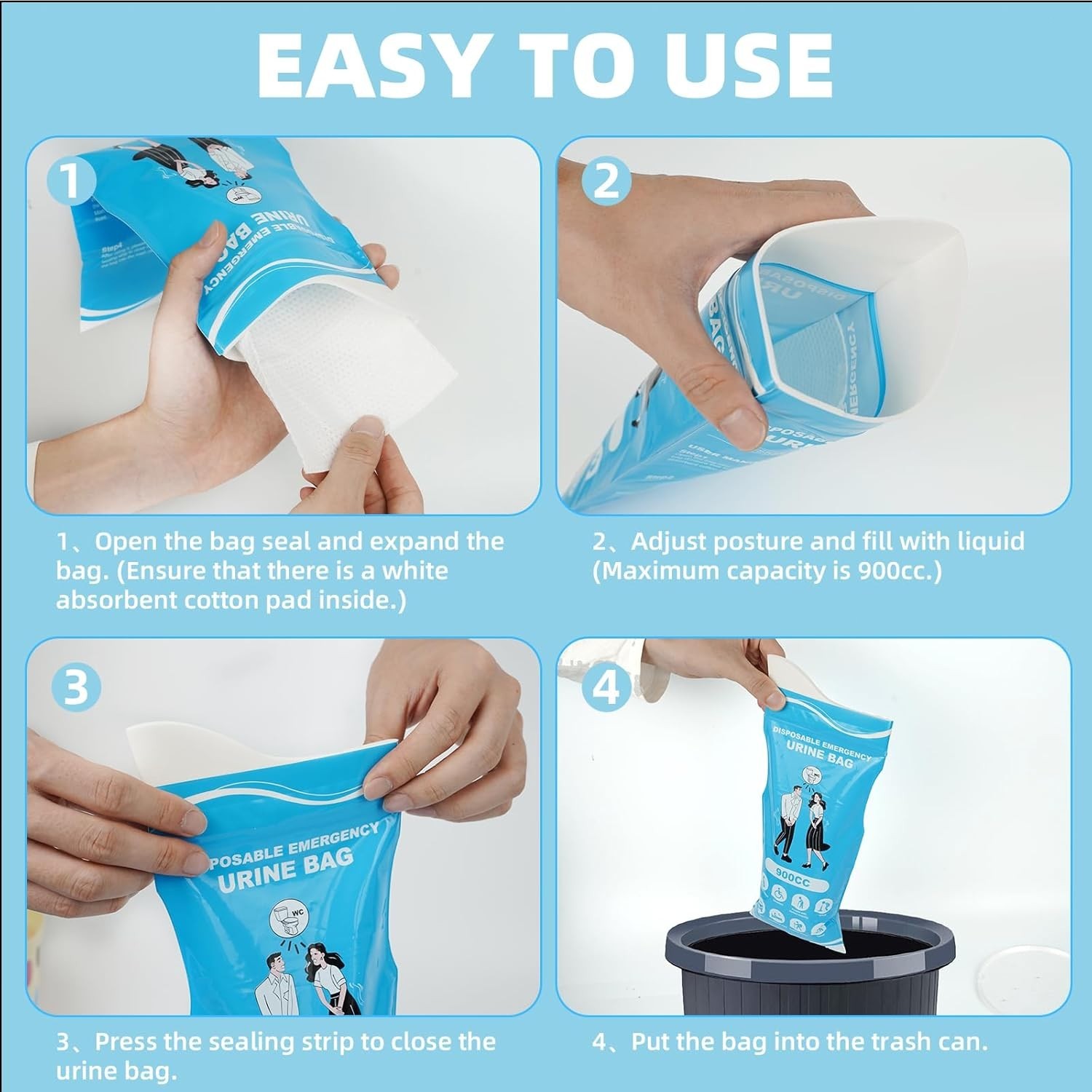 12/24 Pcs Disposable Urine Bags, 3rd Generation 900ML Emergency Portable Pee Bag