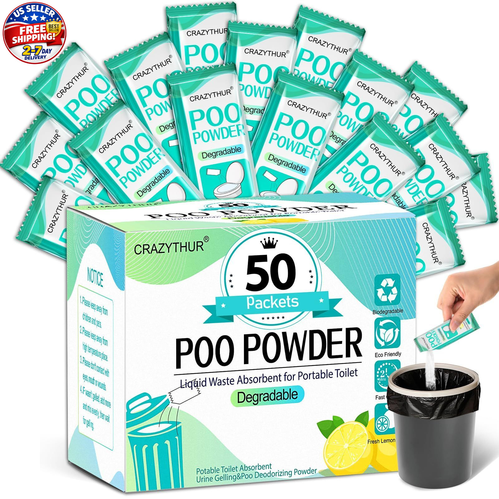 Poo Powder for Portable Toilet Gel Powder, Camping Toilet Gel | Lemon Scent Pee