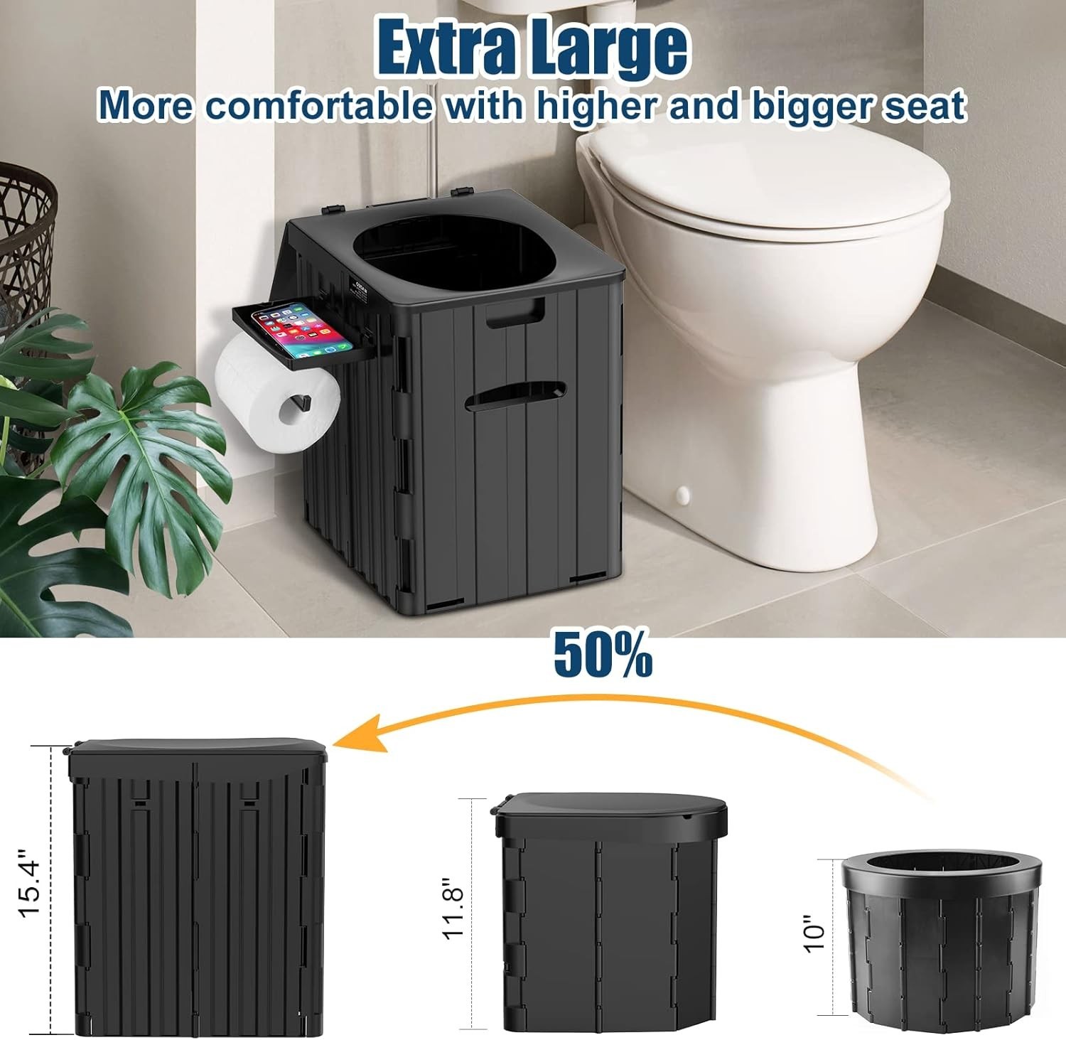 PAHTTO XL Portable Toilet 15.4″ Foldable Camping Phone Shelf Holder