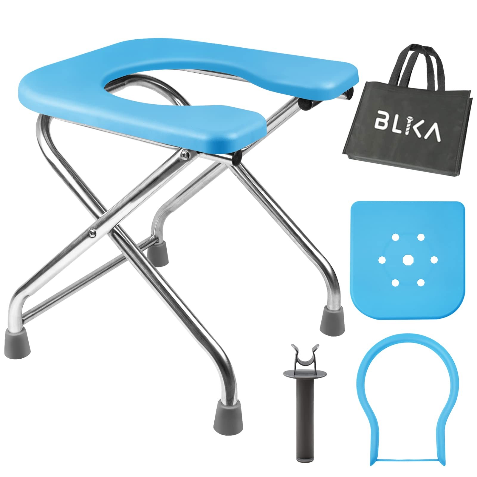 BLIKA U Shaped Portable Toilet for Camping, 400LBS XL Stainless X Large, Blue