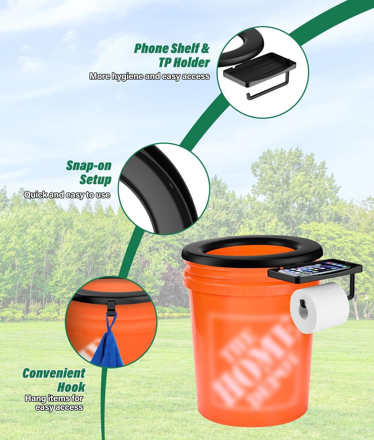 Portable Bucket Toilet Seat for 5 Gal Buckets with TP Holder and Phone Shelf